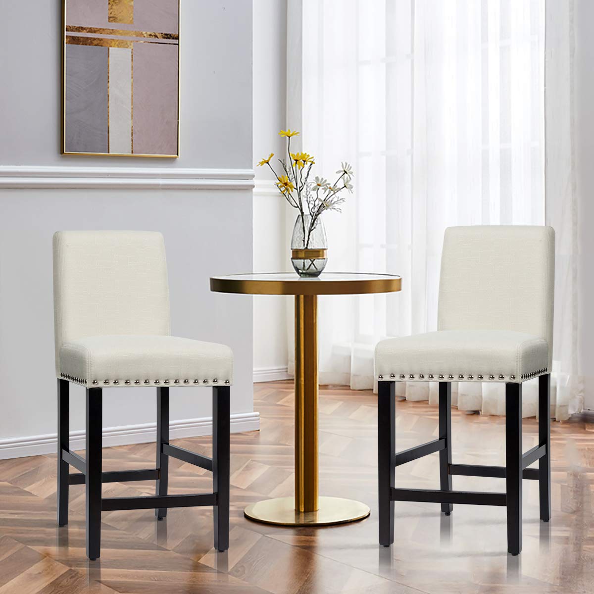 S AFSTAR Set of 4 Mid Century Modern Dining Chairs - Upholstered Fabric Counter Height Stools with High Resilience Sponge Seat & Rubber Wood Legs for Kitchen, Bar, Dining Room - Beige (4-Piece Set) - Perfect for Breakfast Nooks, Kitchen Islands and Small Space Dining