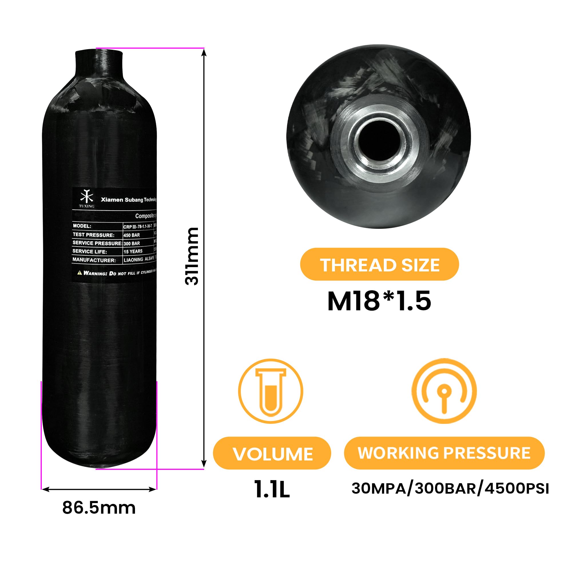 TUXING 1.1L 4500Psi Carbon Fiber PCP Air Tank - 67Cu HPA Scuba Diving Bottle for Air Rifles (M18x1.5 Thread) | Perfect for Paintball, Diving & Outdoor Shooting Sports