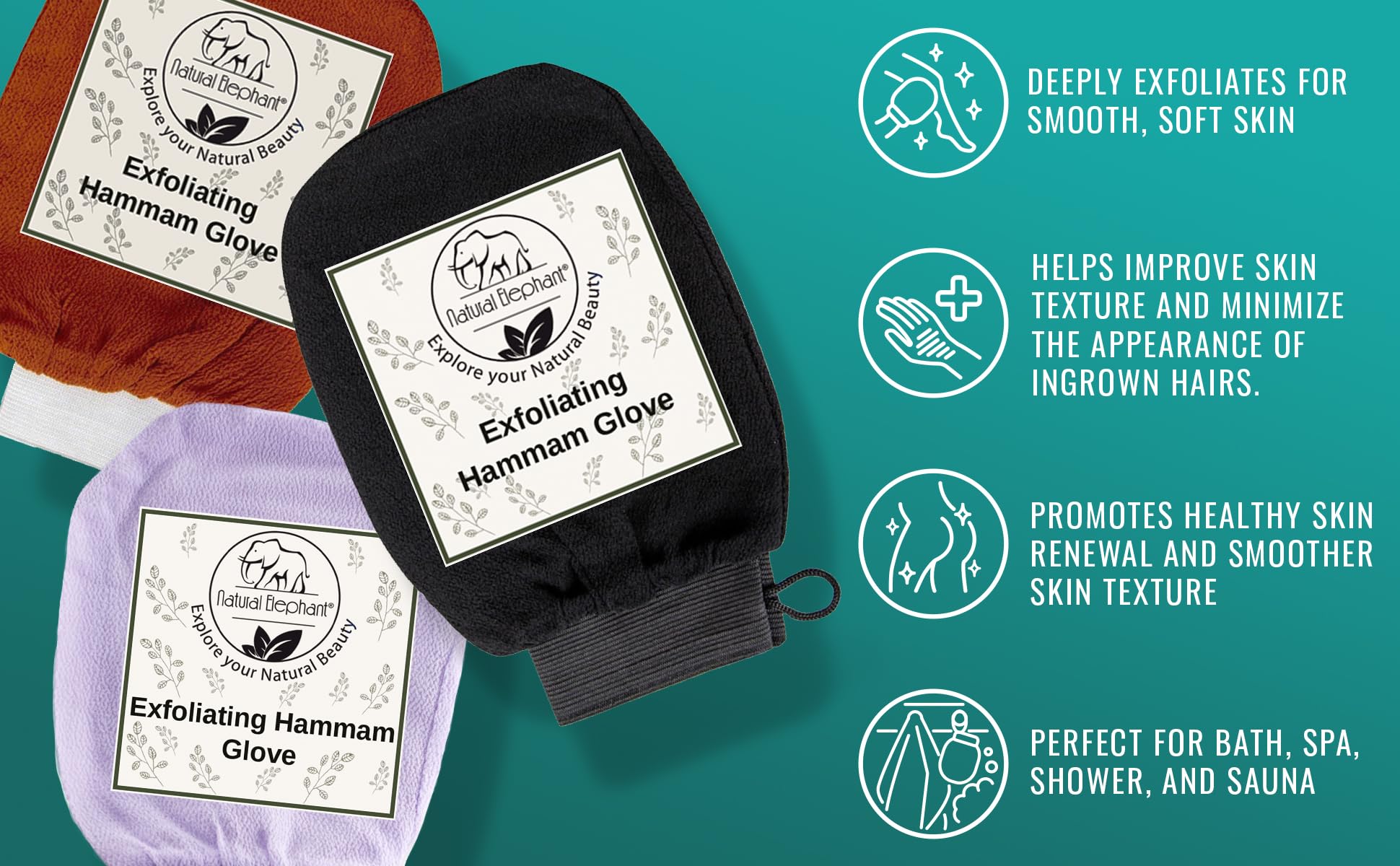 Natural Elephant Exfoliating Hammam Glove - Pure Black Single for Deep Skin Cleansing & Dead Cell Removal - Perfect for Spa, Bath & Body Scrub at Home