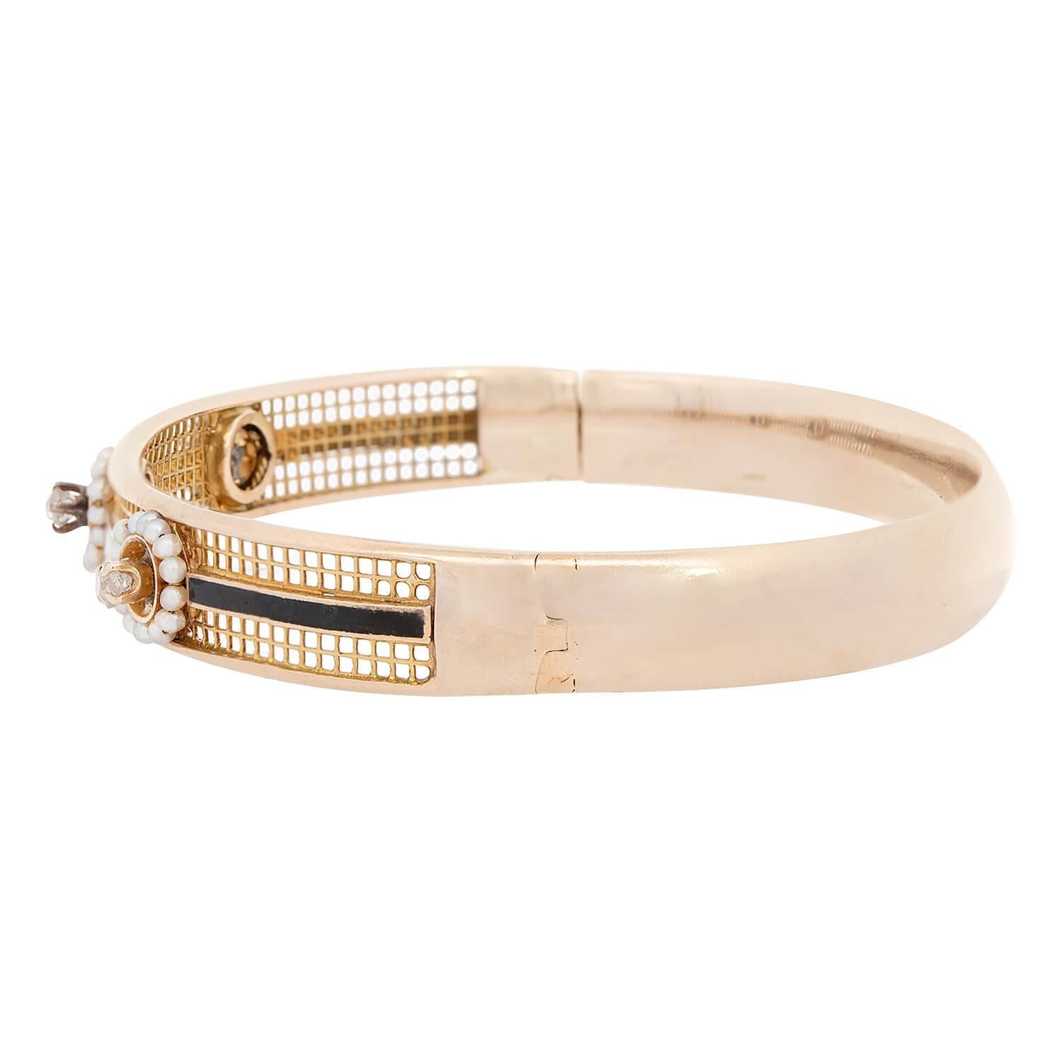 Exquisite Victorian 15K Gold Diamond, Pearl & Enamel Bangle Bracelet - Vintage Jewelry for Weddings, Parties & Special Occasions
