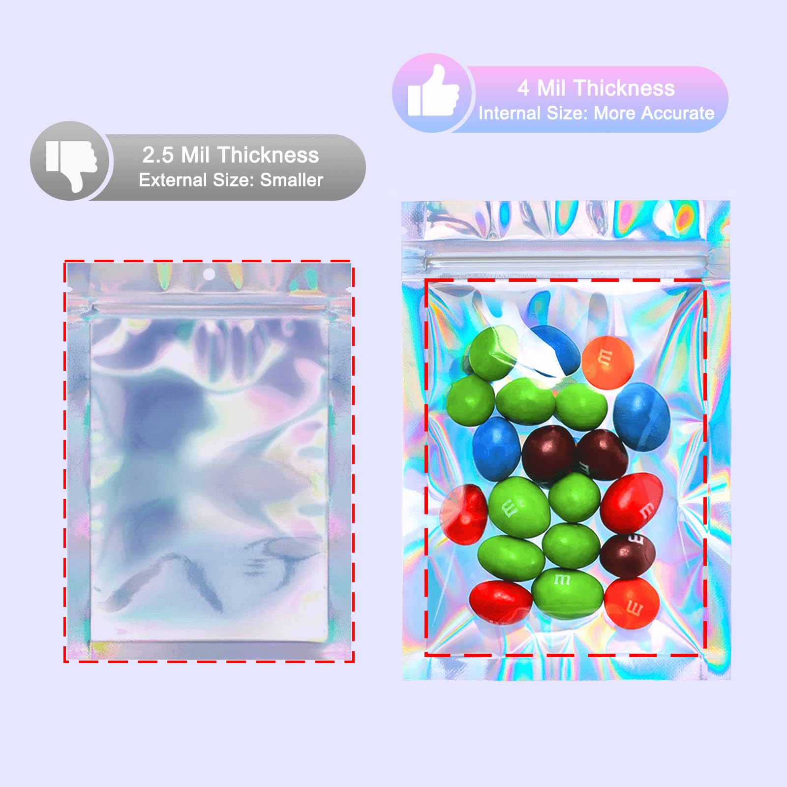 Holographic Mylar Bags 2.3x3 Inch - 100 Pack Resealable Foil Pouches for Food Storage, Candy, Jewelry & Small Item Packaging | Perfect for Snacks, Beads, Crafts & Travel Organization