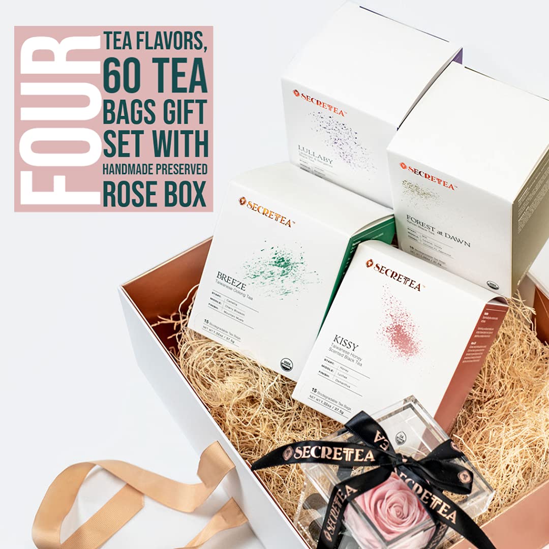 SECRETEA TRIBUTE Luxury Tea Gift Set - Handcrafted Preserved Rose Tea Box with 4 Blended Teas | 100% Natural Ingredients | Birthday, Business & Mother's Day Gifts | Perfect for Tea Lovers, Home Relaxation & Office Refreshment