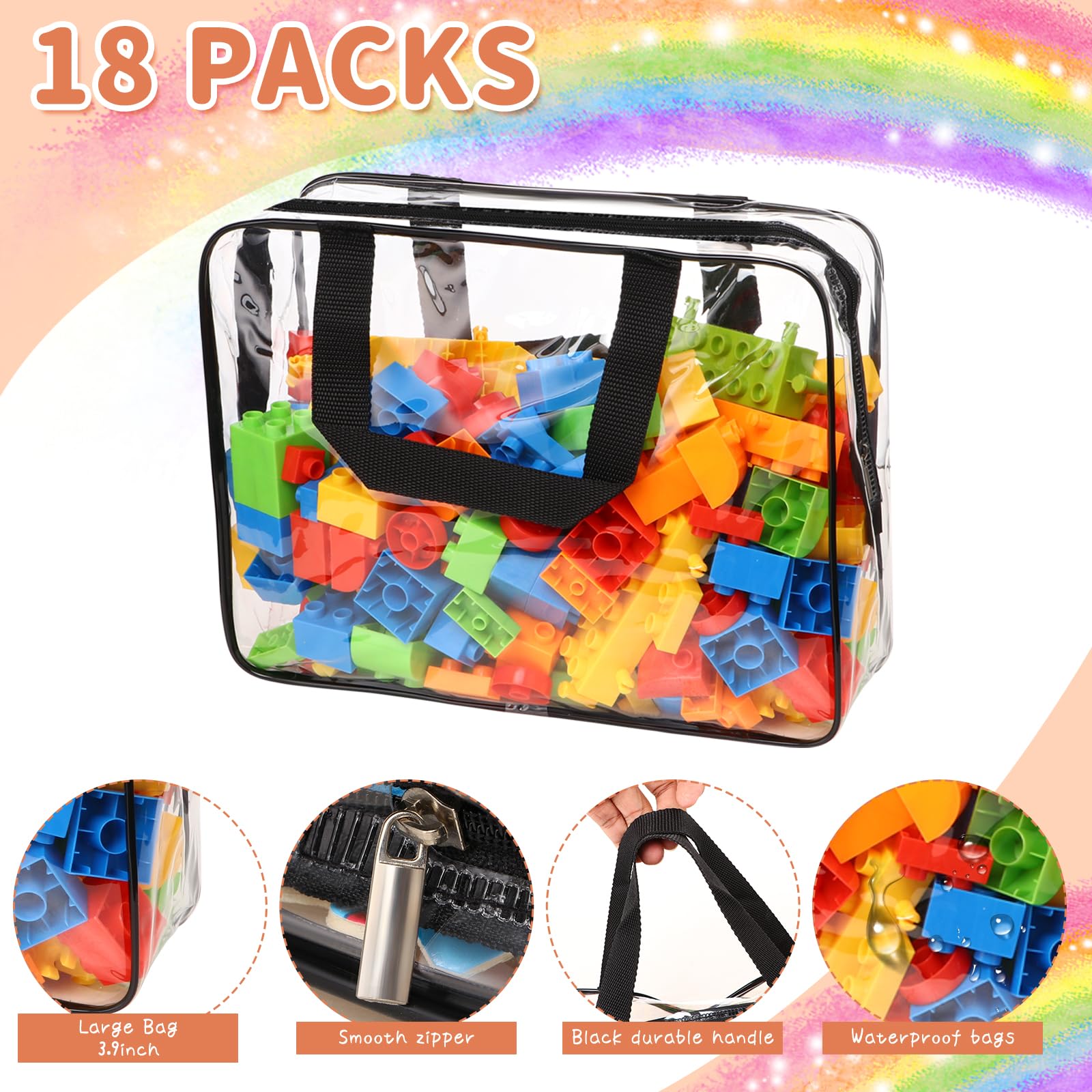 18 Pack Large Waterproof Clear PVC Toy Storage Bags with Zipper & Labels - Organizer for Kids Toys, Building Blocks, Puzzles, Books - Perfect for Home Organization & Travel Storage