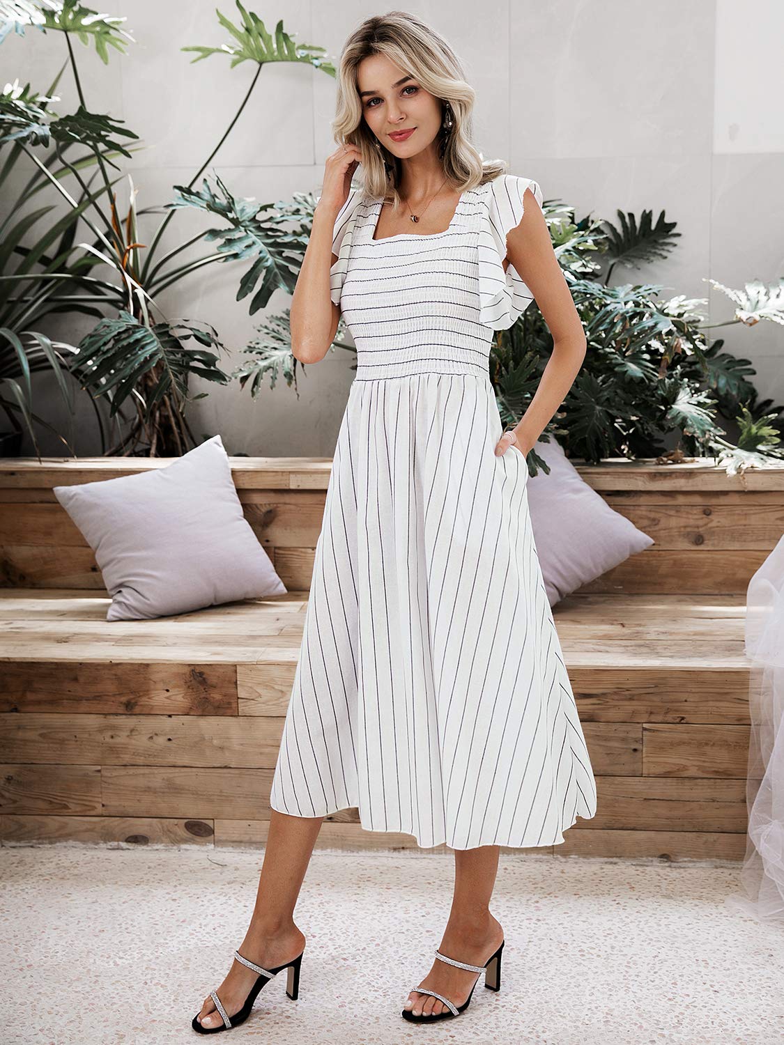 Miessial Women's Casual Summer Midi Dress - Short Sleeve Smocked Linen Boho Dress with Pockets | Beach Wedding Guest Dress, Vacation Outfit, Garden Party Attire