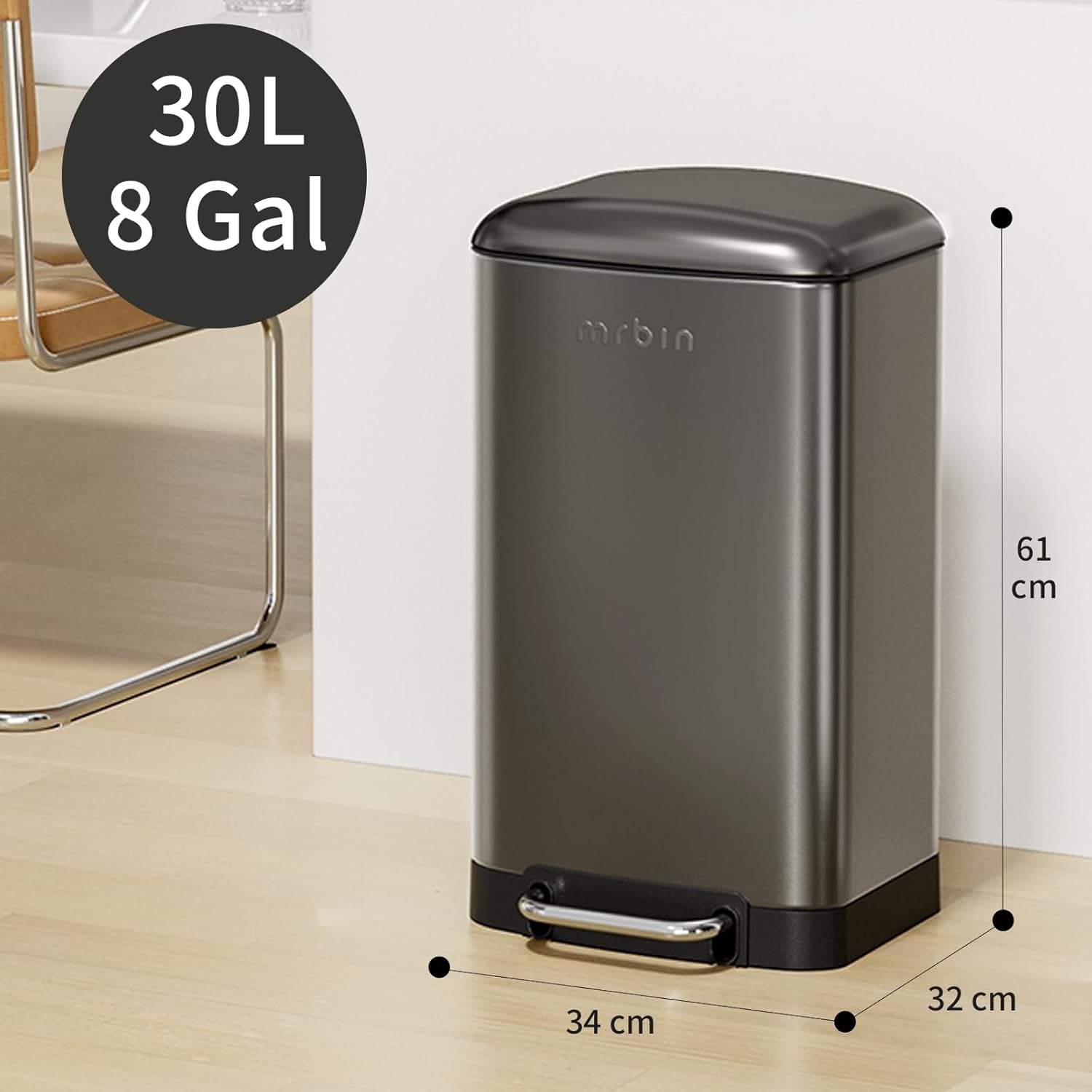 Stainless Steel Kitchen Trash Can 30L / 8gal, Eclipse Grey - Durable & Odor-Proof Garbage Bin for Home, Office, Restaurant Use