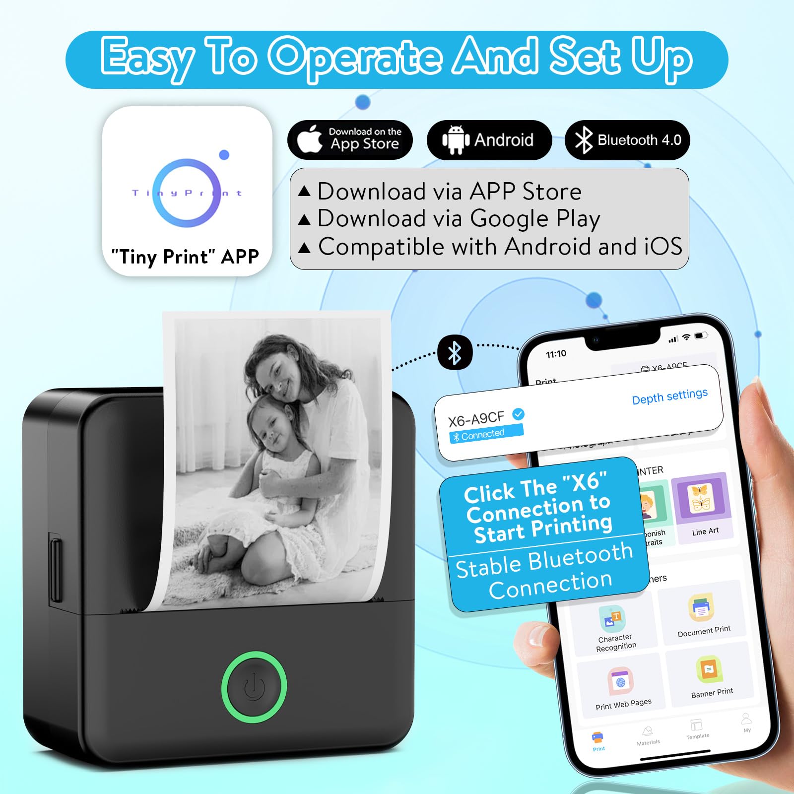 HBCX Mini Sticker Printer - Inkless Thermal Bluetooth Printer for Kids & Adults | Portable Pocket Sticker Maker for Photos, Memos, Receipts & Work | Perfect for DIY Crafts, School Projects & Office Use (White/Black)