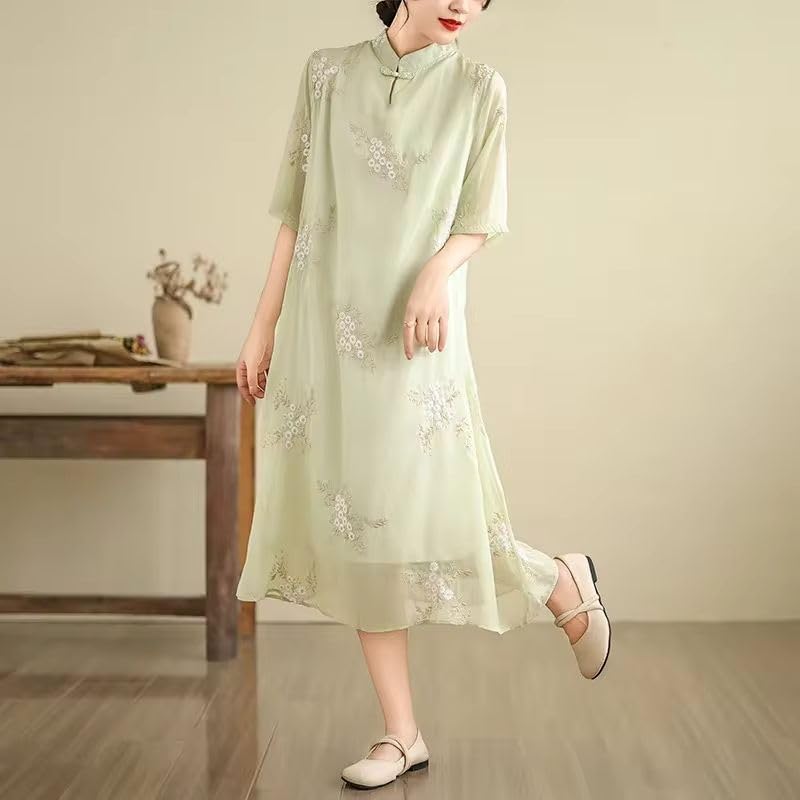 JYHBHMZG Women's Embroidered Linen Summer Dress - Chinese Style Stand Collar Long Sleeve Ethnic Maxi Dress for Casual Wear, Vacation & Cultural Events