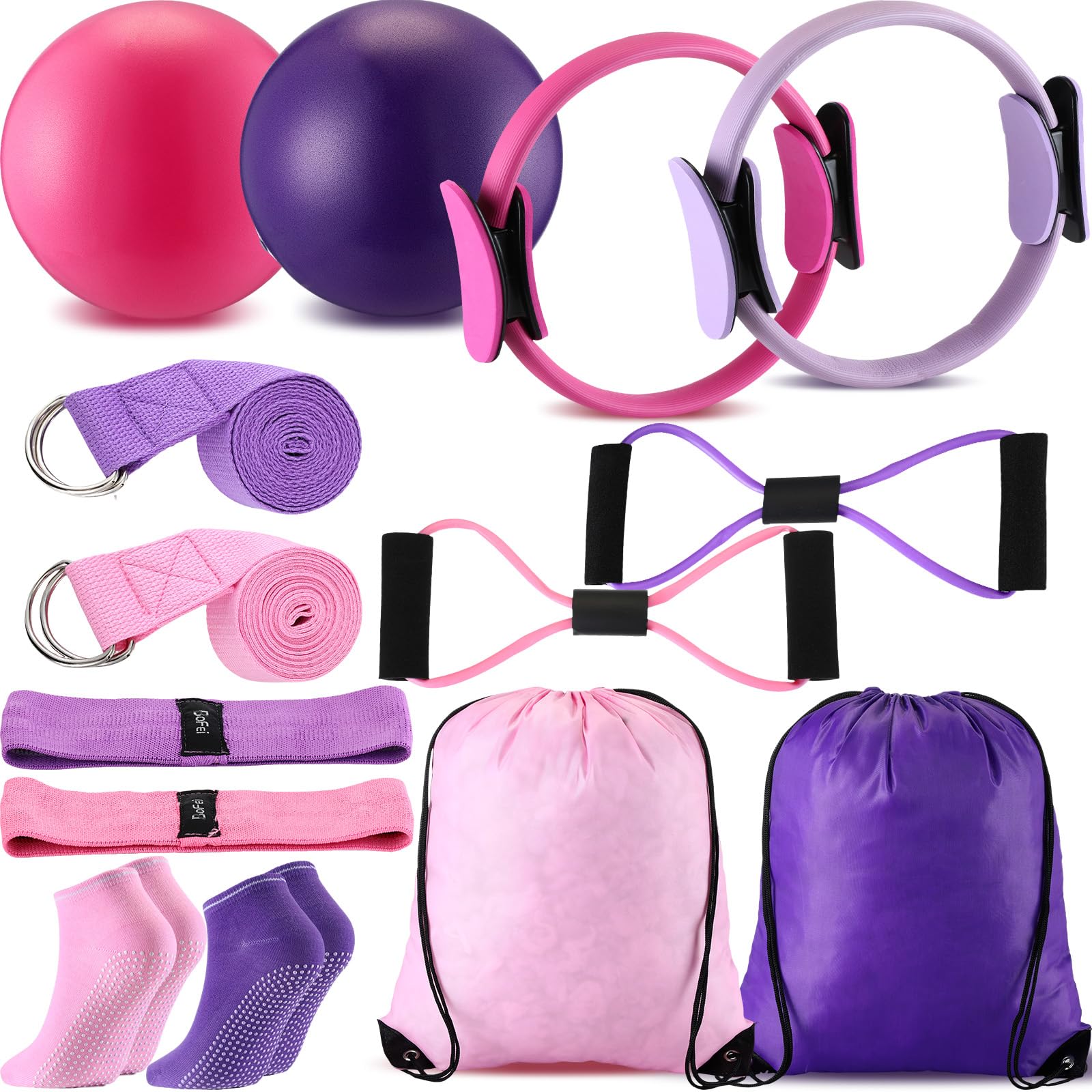 Poen 14-Piece Pilates Ring and Ball Set for Women - Fitness Circle, Resistance Bands, Stretching Strap, Non-Slip Socks & Gym Bag - Home Workout, Yoga, Barre & Pilates Exercise Equipment for Core Strength & Toning
