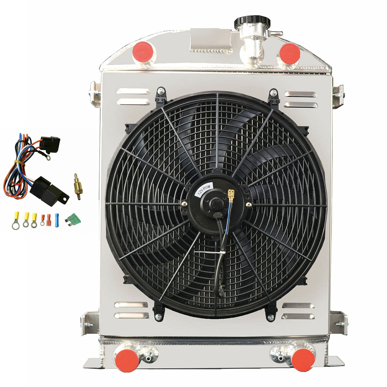3 Row Aluminum Radiator with Shroud Fan & Relay Kit - Compatible with 1932 Ford Flathead V8 (Stock Height) - Perfect for Classic Car Restoration & Hot Rod Cooling System Upgrades