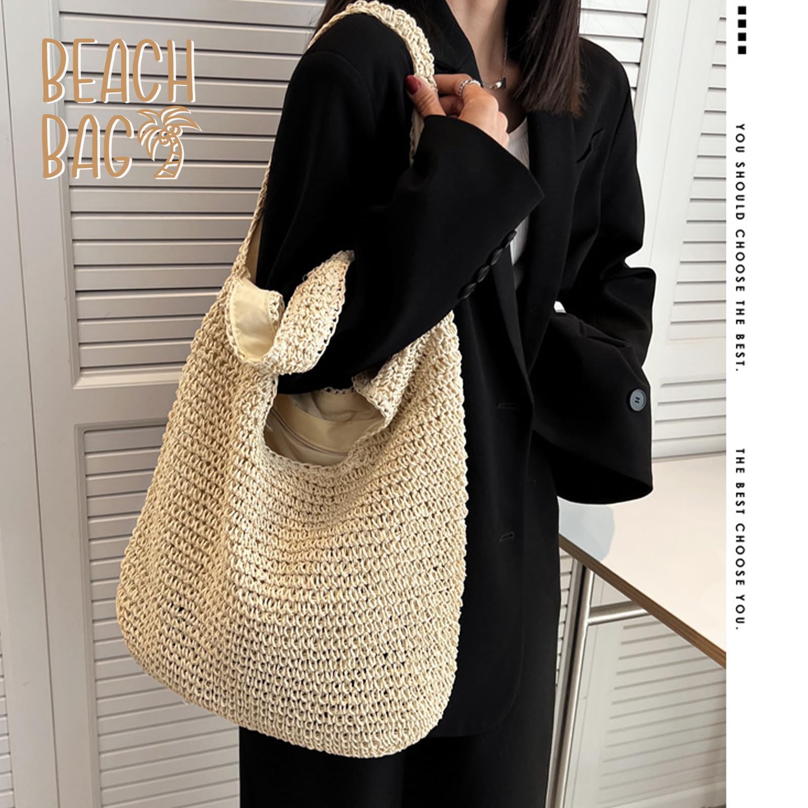 Stylish Straw Beach Tote Bag for Women - Woven Boho Shoulder Handbag for Summer Vacations | Perfect for Pool Parties, Beach Getaways & Boho Fashion Outfits