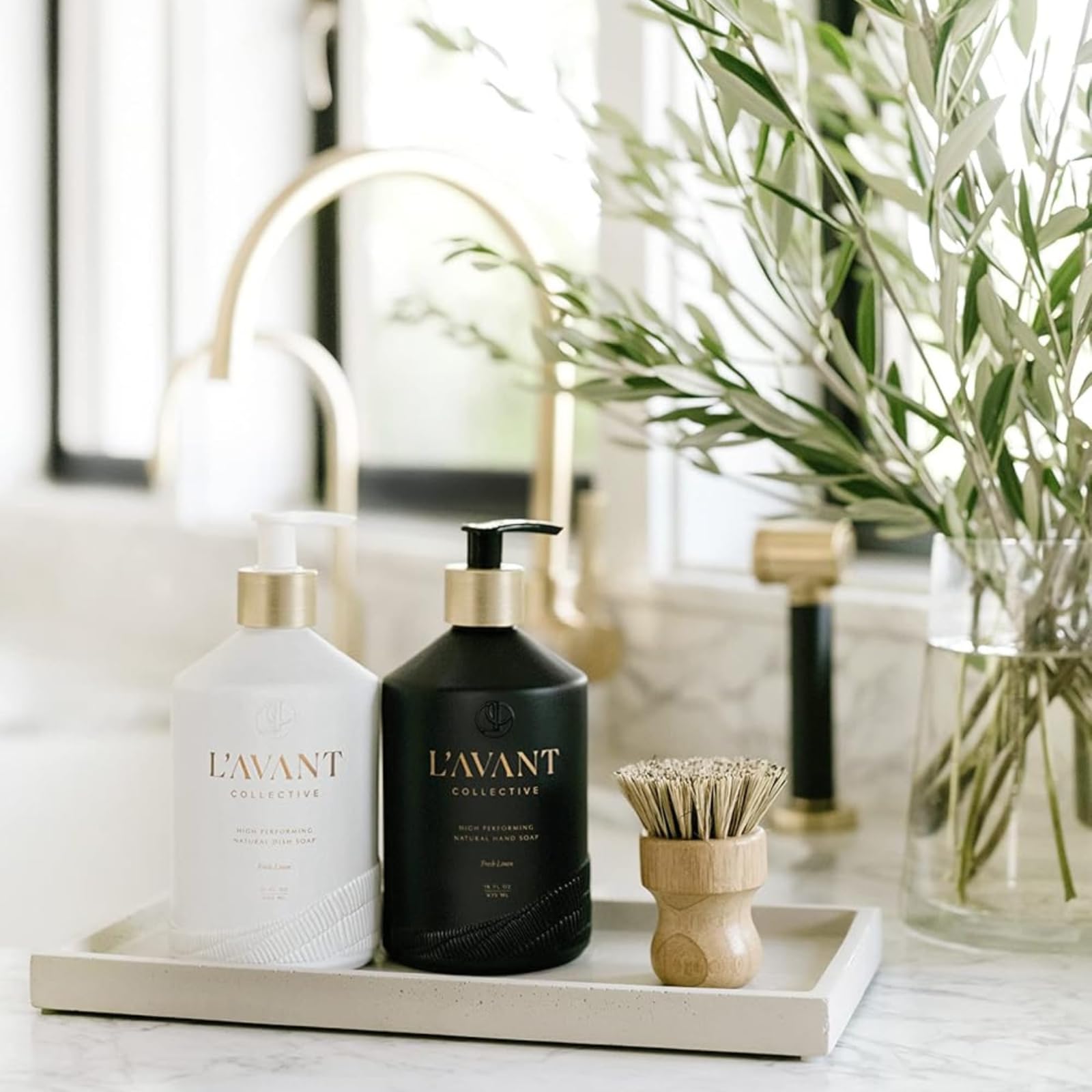 L'AVANT Collective Luxury Sink-Side Starter Bundle - Lucite Vanity Tray, Hand & Dish Soap, Hand Lotion in Reusable Glass Bottles & Bamboo Dish Scrubber | Elegant Kitchen & Bathroom Essentials | Perfect Hostess Gift Set (Fresh Linen Scent) for Home Spa, Bridal Shower & Housewarming Parties