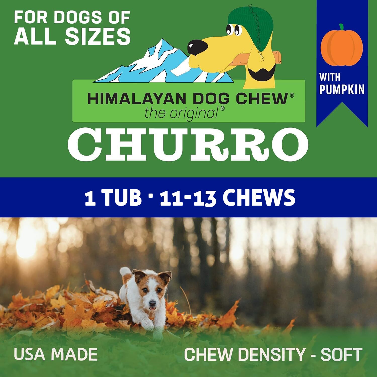 Lactose-Free & Gluten-Free Pumpkin Cheese Churro Dog Treats | Grain-Free, USA Made | All Breed Sizes | 11-13 Pieces per Pack | Perfect for Training Rewards & Digestive Health