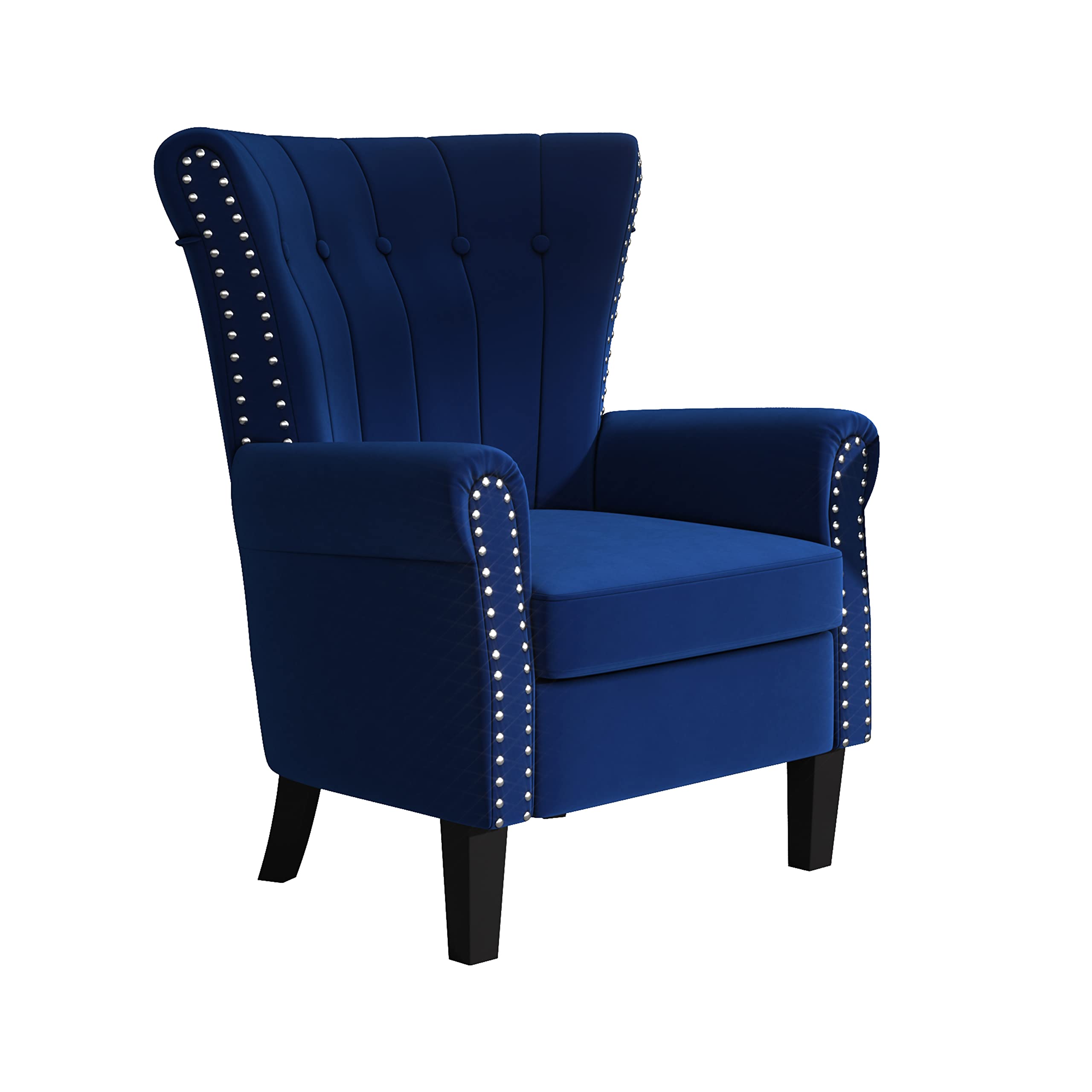 Velvet Tufted Wingback Armchair with Wood Legs for Living Room & Bedroom - Blue