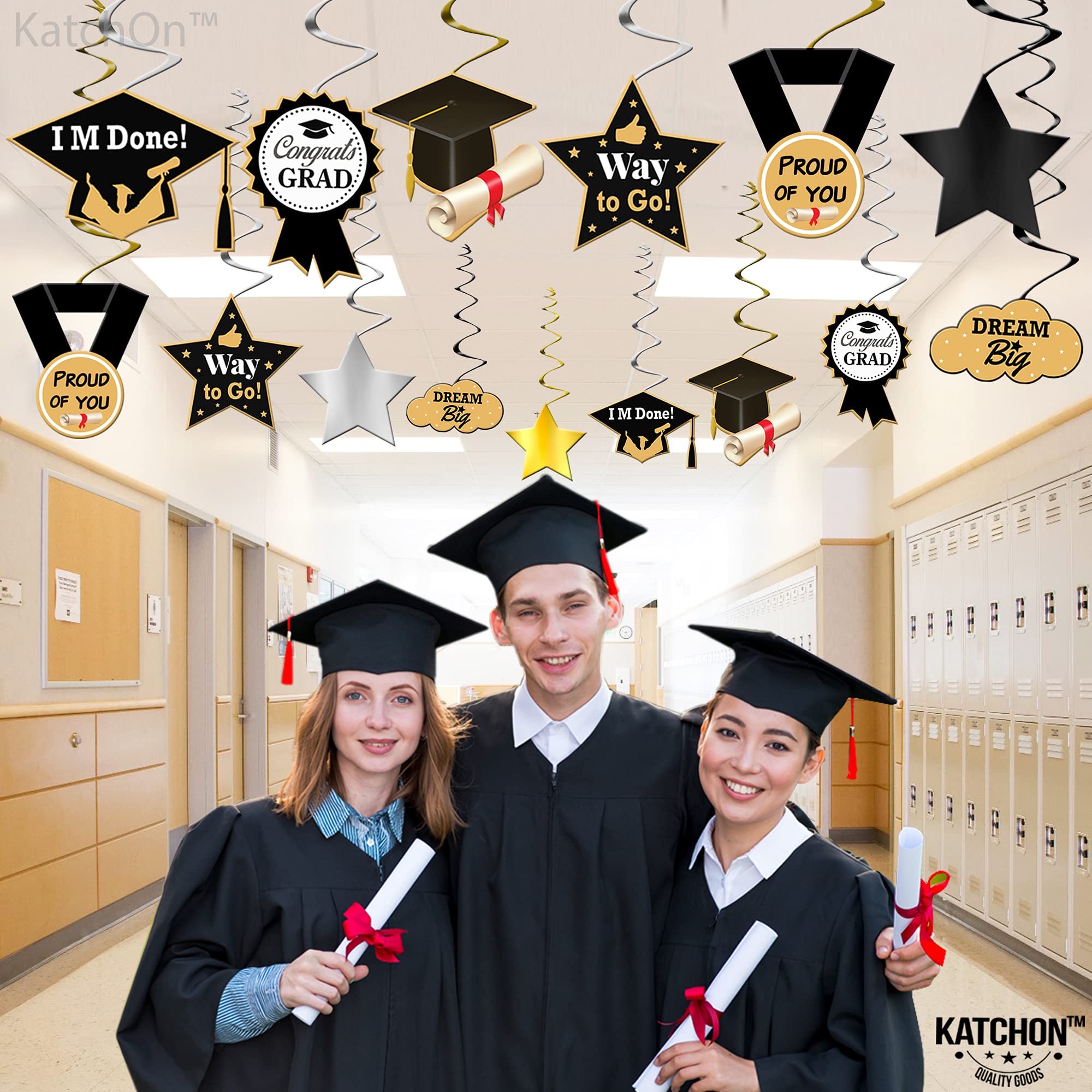 KatchOn Class of 2025 Graduation Decorations - 48-Pack Black & Gold Hanging Swirls for Ceiling Decor | Perfect for Graduation Parties, School Events & Photo Backdrops