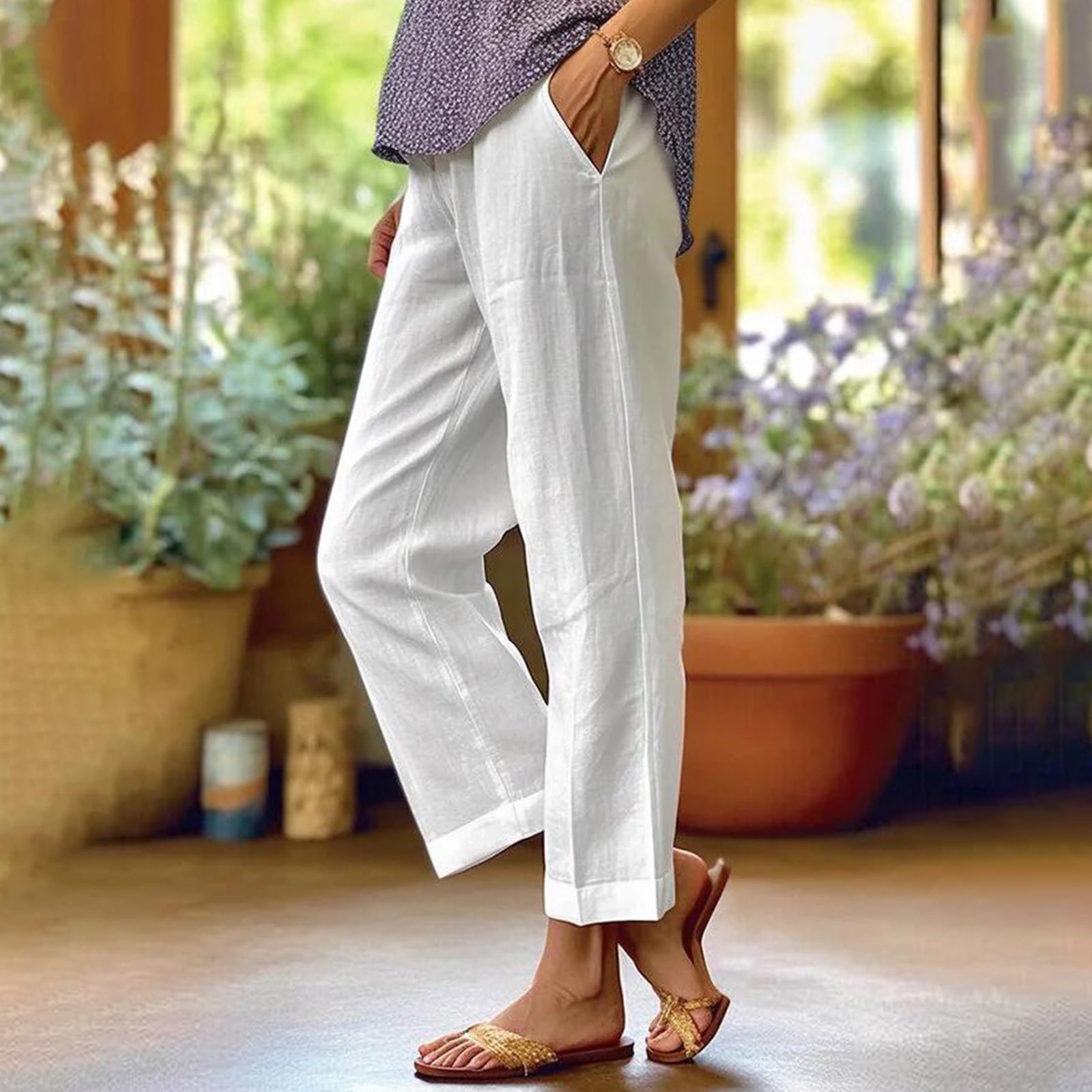 Elastic Waist Linen Pants for Women - Summer Comfortable Flowy Palazzo Pants, Boho Baggy Casual Beach Pants with Pockets | Perfect for Vacation, Yoga, and Everyday Wear