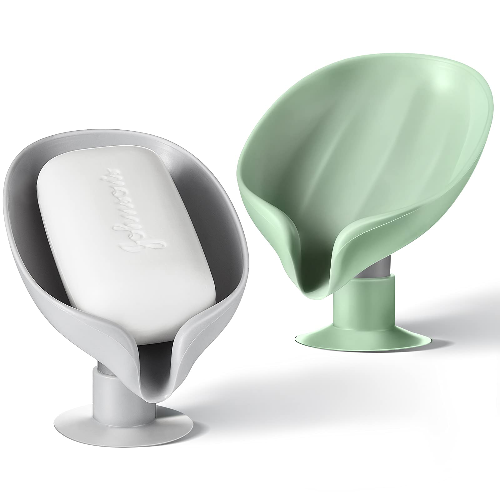 2-Piece Self-Draining Soap Dish Holder Set - Leaf-Shaped Bar Soap Saver with Suction Cups for Shower, Bathroom, Tub & Kitchen Sink - Plastic Soap Tray (Green & Light Grey) - Perfect for Bathroom Organization & Spa-Like Experience