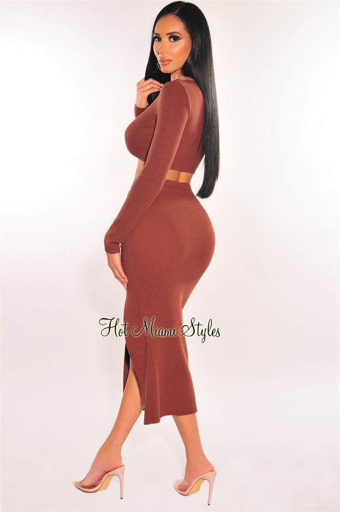 Chocolate Ribbed Knit Long Sleeve Top and Ruched Slit Skirt Two Piece Set - Women's Elegant Outfit for Fall, Date Night & Office Wear