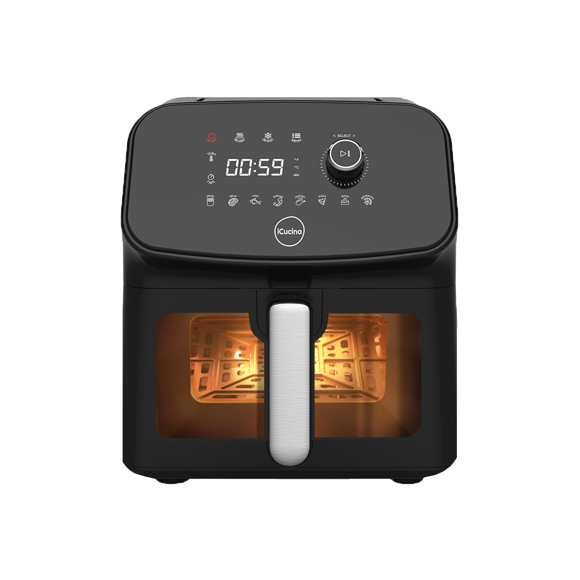 iCucina 5.8Qt Digital Air Fryer with 11 Presets - Large Square Nonstick Basket, Dishwasher Safe & Cooking Window - Perfect for Family Meals, Healthy Snacks & Quick Weeknight Dinners