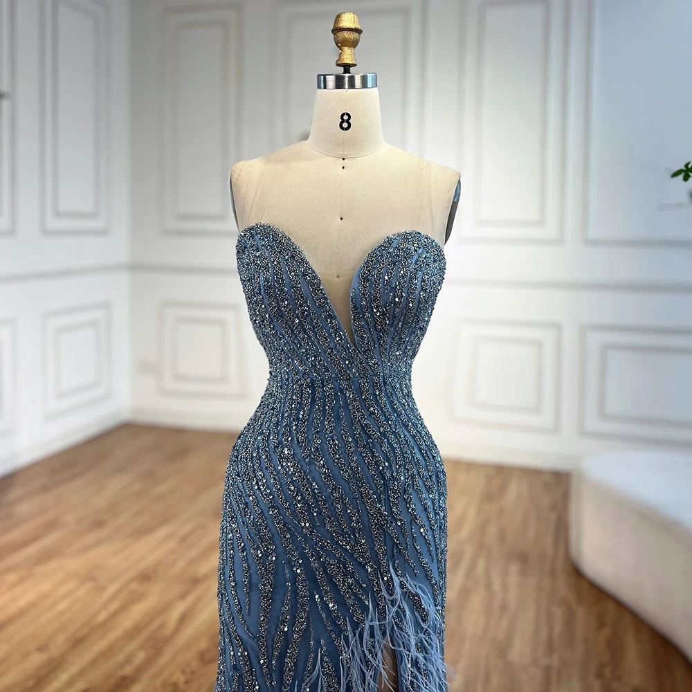 Elegant Blue Feather Beaded Evening Gown with Side Slit - LA72695 | Perfect for Prom, Gala & Formal Events