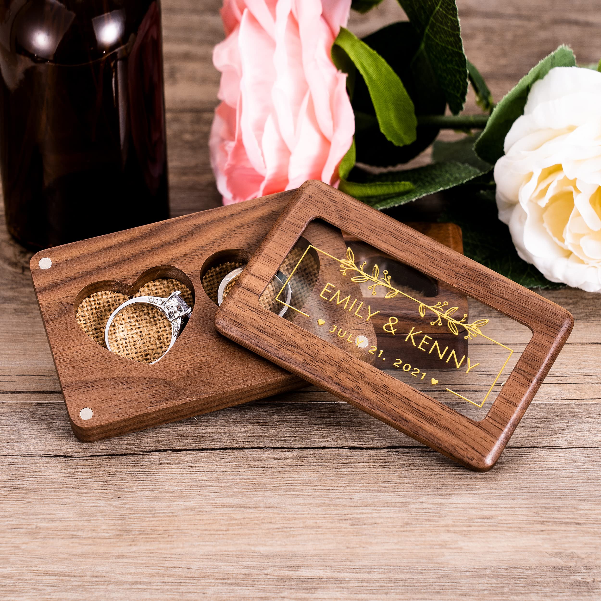KWOOD Custom Engraved Double Ring Box - Personalized Wooden Ring Holder for Women, Slim Wedding & Engagement Ring Storage - Perfect for Proposals, Anniversaries, and Bridal Jewelry Gifts