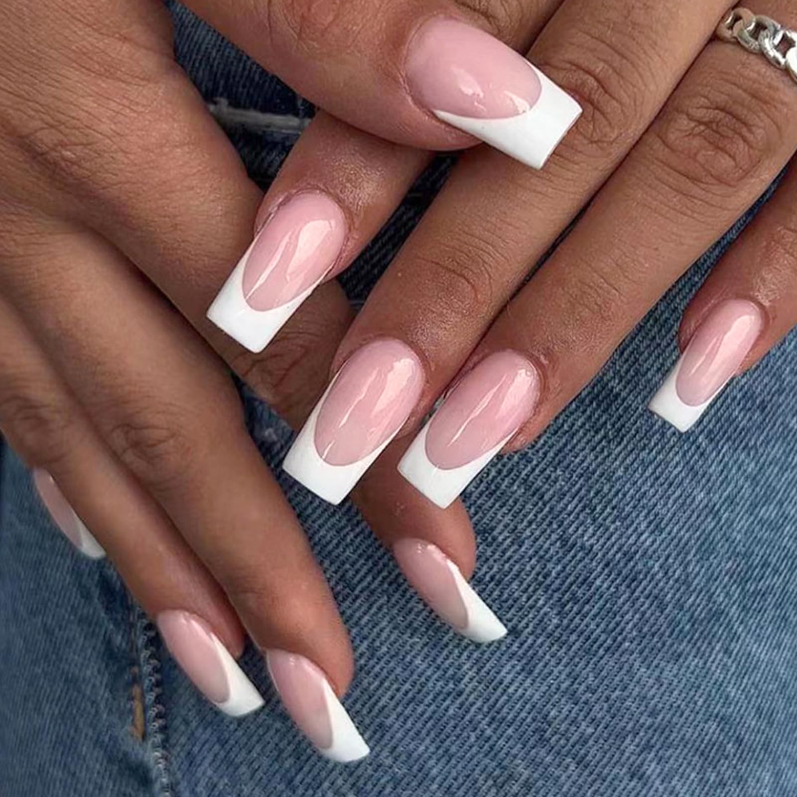 AddFavor 120pcs White French Tip Press on Nails - Medium Square Fake Nails with Adhesive Tabs | Nude False Nails for Women & Girls | Perfect for Parties, Weddings & Daily Wear