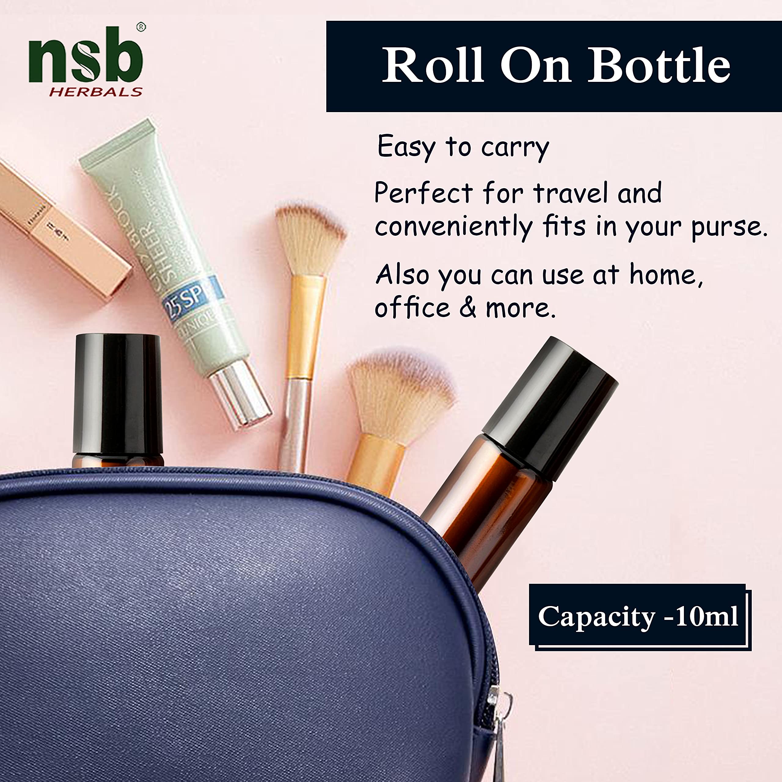 NSB Herbals 10ml Empty Amber Glass Roll On Bottles with Black Cap - Refillable Essential Oil Bottles for Aromatherapy, Perfume, Lip Balm | Perfect for DIY Skincare, Travel & Gift Sets (Pack of 3)