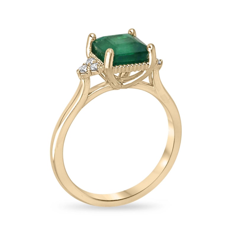 1.92tcw 14K Gold Natural Asscher Cut 7x7mm Square Emerald & Diamond Cluster 3 Stone Engagement Ring for Women - Perfect for Proposals, Weddings & Anniversary Gifts