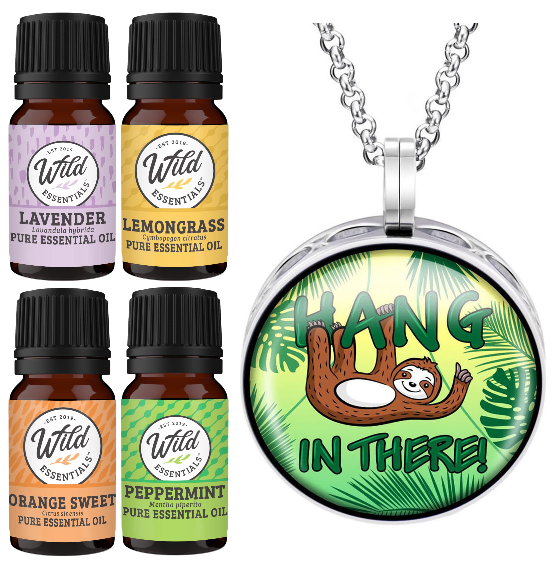 Wild Essentials Sloth Necklace Essential Oil Diffuser Kit - Lavender, Lemongrass, Peppermint & Orange Oils with 8 Refill Pads - Calming Aromatherapy Gift Set for Women, Customizable Perfume Jewelry - Perfect for Stress Relief, Yoga, Meditation & Daily Wear