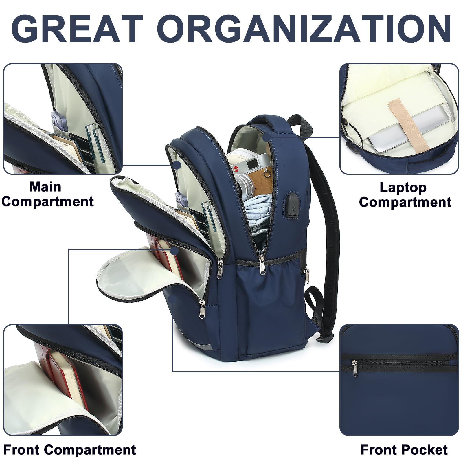 Bluboon Women's 15.6 Inch Laptop Backpack - Waterproof College School Bookbag with USB Charging Port & Multiple Compartments for Business Travel, Work & Daily Commute (Dark Blue)