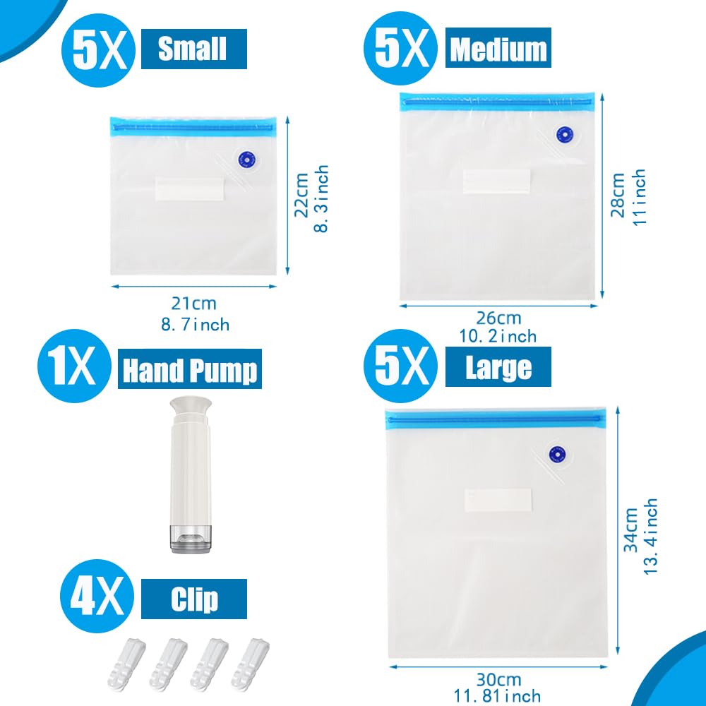 Premium Sous Vide Bags Kit - 20pcs Reusable Vacuum Sealer Bags (15 Mixed Sizes) | BPA Free Zipper Storage Bags with 4 Sealing Clips & Hand Pump | Perfect for Meal Prep, Sous Vide Cooking & Long-Term Food Preservation