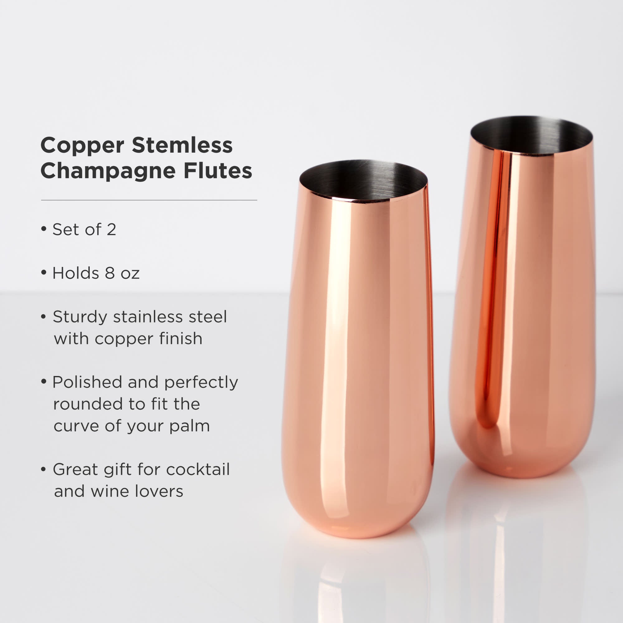 Premium Stainless Steel Stemless Champagne Flutes Set of 2 - Elegant Copper Finish, Dishwasher Safe, Perfect for Weddings, Parties & Romantic Dinners