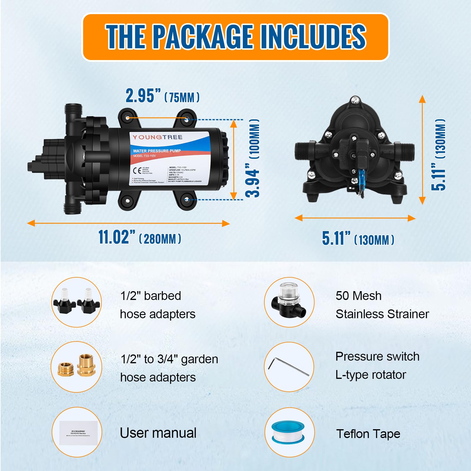 YOUNGTREE 110V Industrial Water Pressure Diaphragm Pump 4.0GPM 50PSI - Electric Water Transfer Pump for RV, Irrigation, Home, Pool Draining & Sprinkler System - Includes Garden Hose Adapters - Perfect for Watering Gardens, Filling Tanks & Emergency Flood Control