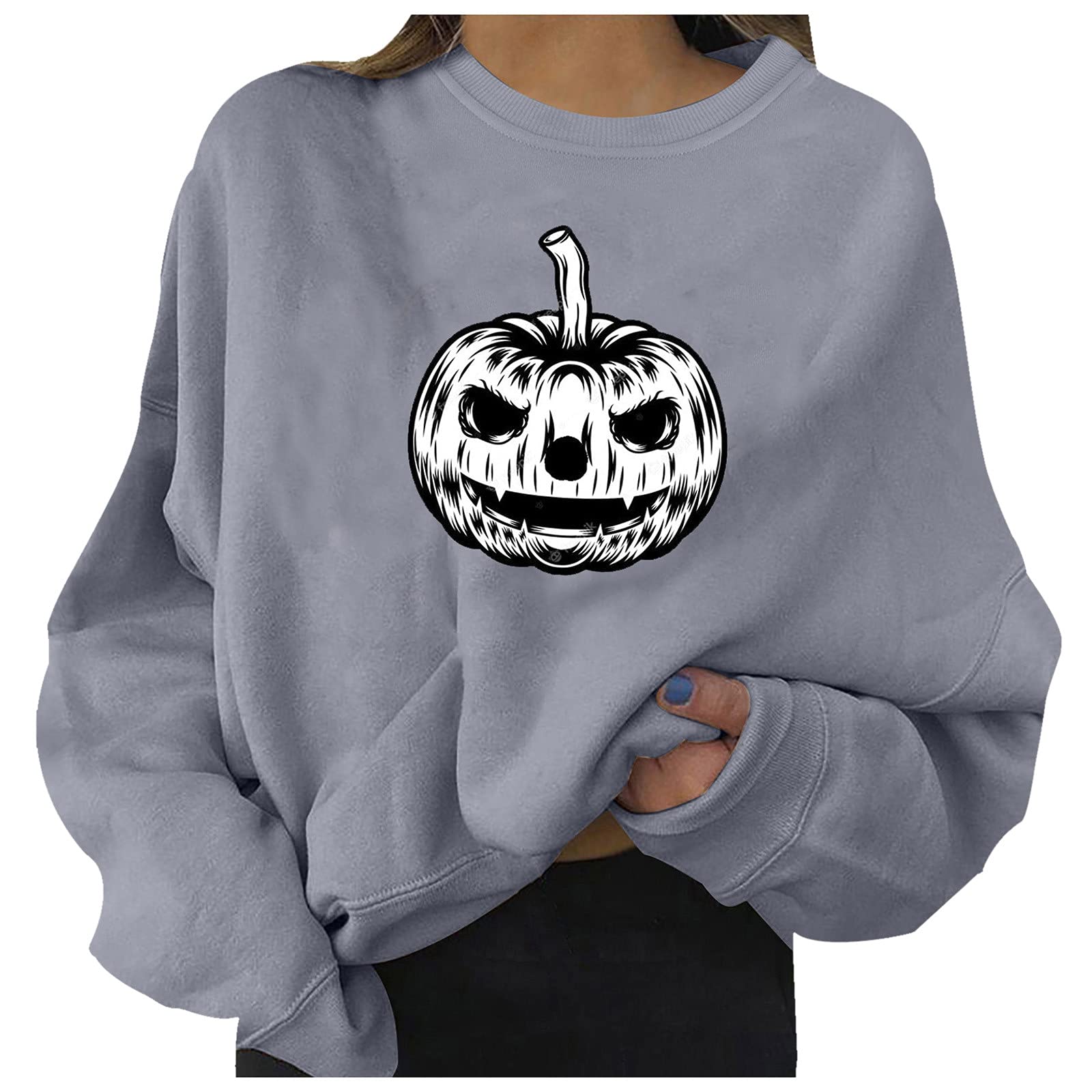Women's Halloween Printed Long Sleeve Sweatshirt - Loose Round Neck Casual Pullover Wine Red Top | Cozy Fall Outfit, Pumpkin Patch Party, Spooky Season Fashion