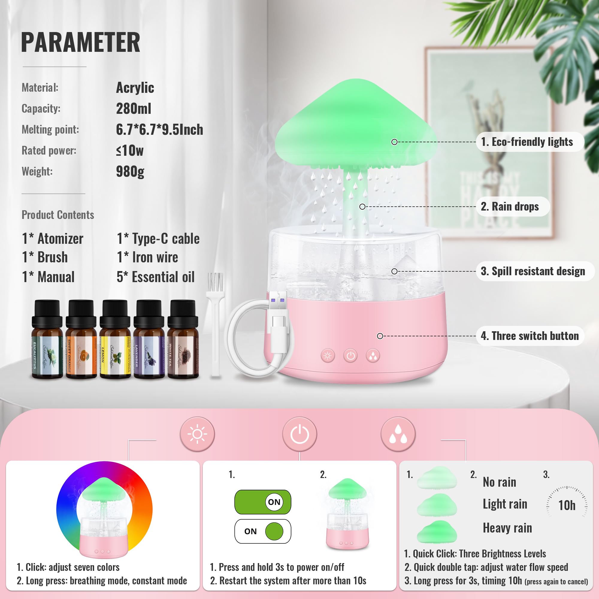 Rain Cloud Humidifier with Essential Oils - 7 Color Changing Night Light, Mushroom Shape Cool Mist Diffuser for Bedroom & Office - Pink Water Drop Sound Humidifier for Relaxation, Baby Nursery & Yoga Room