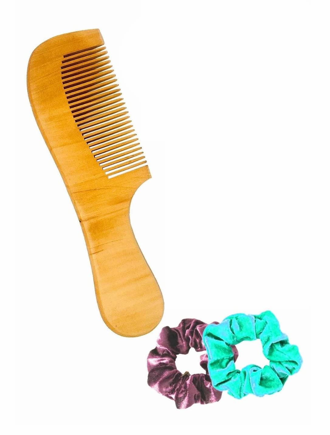 Pure Natural Wooden Comb with Fine Teeth & Handle - Organic Antibacterial Hair Care for Women & Men | Handcrafted Dandruff Remover & Styling Comb | Includes 1 Comb + 2 Velvet Hair Scrunchies | Perfect for Daily Hair Care, Travel & Salon Styling