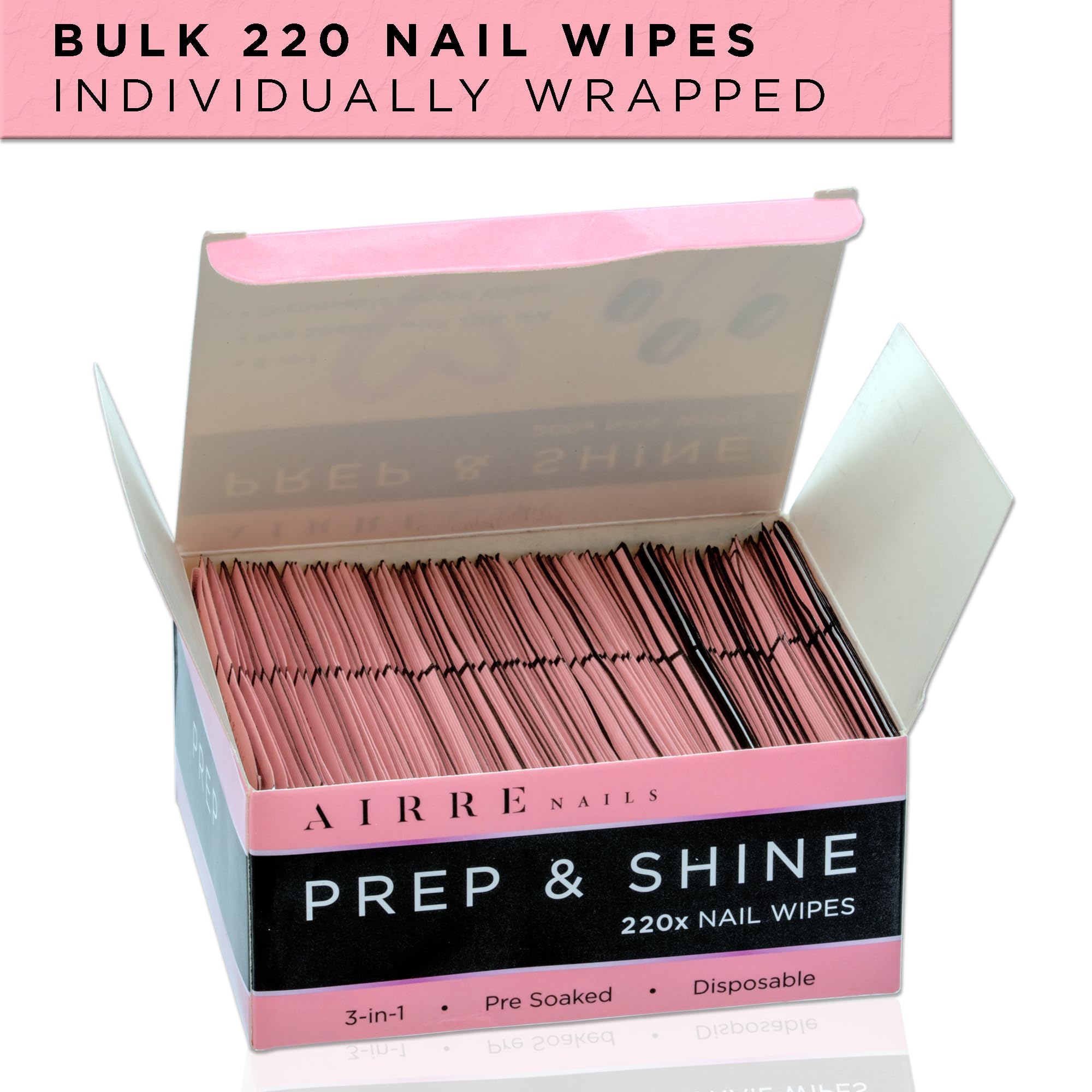 AIRRE 220 Professional Alcohol Prep & Shine Nail Wipes (3-in-1) - 100 Count Disinfecting Wipes for Gel, Acrylic & Press-On Nails - Remove Sticky Residue, Prep for UV/LED Polish & False Nails - Perfect for Salon, Home Manicure & Nail Art Application