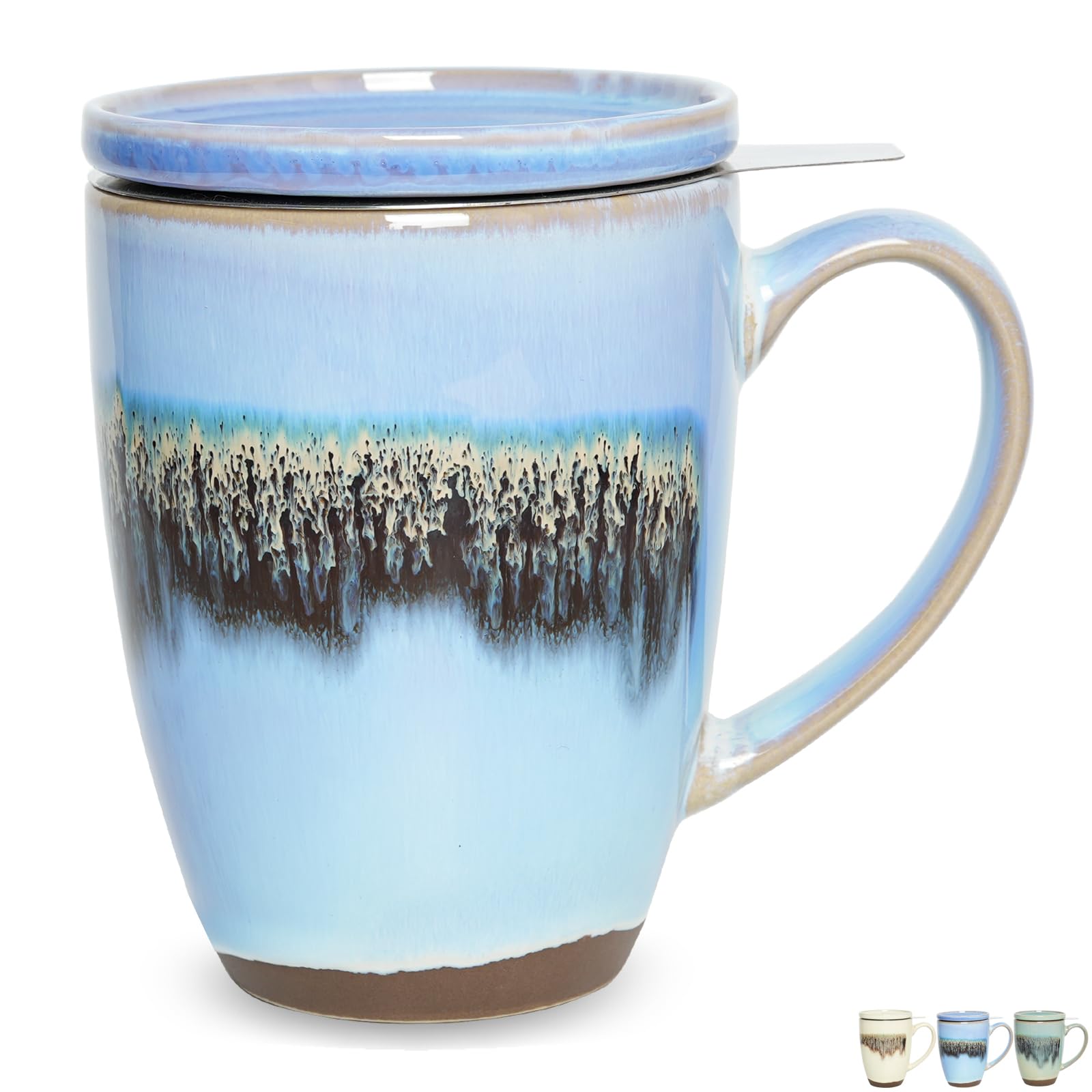 Bosmarlin 13.5 Oz Ceramic Tea Cup with Infuser & Lid - Loose Leaf Tea Steeper Mug with Built-in Strainer - Microwave & Dishwasher Safe Reactive Glaze Teacup (Light Blue) - Perfect for Home, Office & Gift Giving
