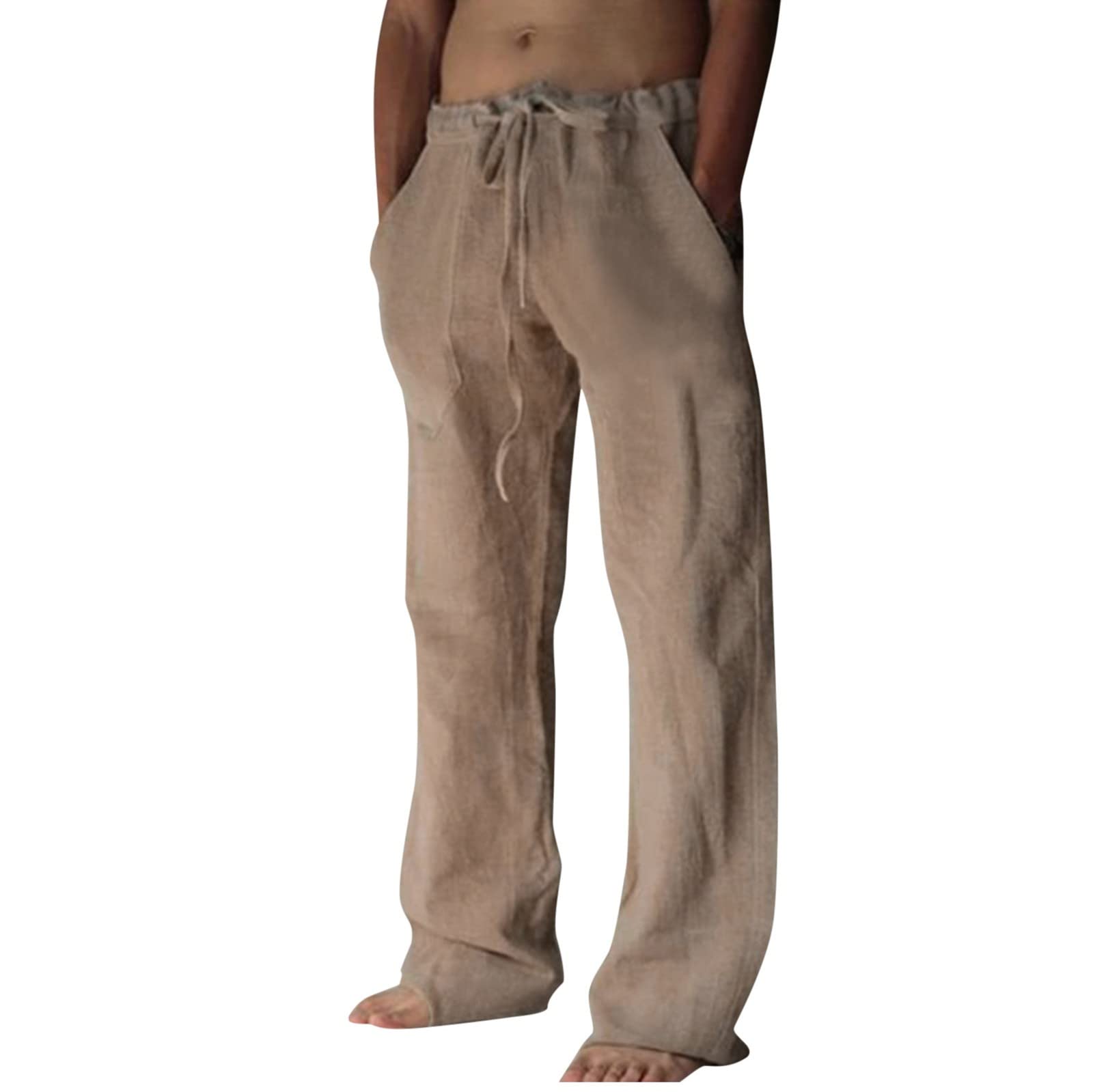 **Men's Loose Fit Straight-Leg Linen Pants with Elastic Drawstring Waist - Breathable Beach & Sun Pants for Casual Wear, Travel, and Summer Outings**