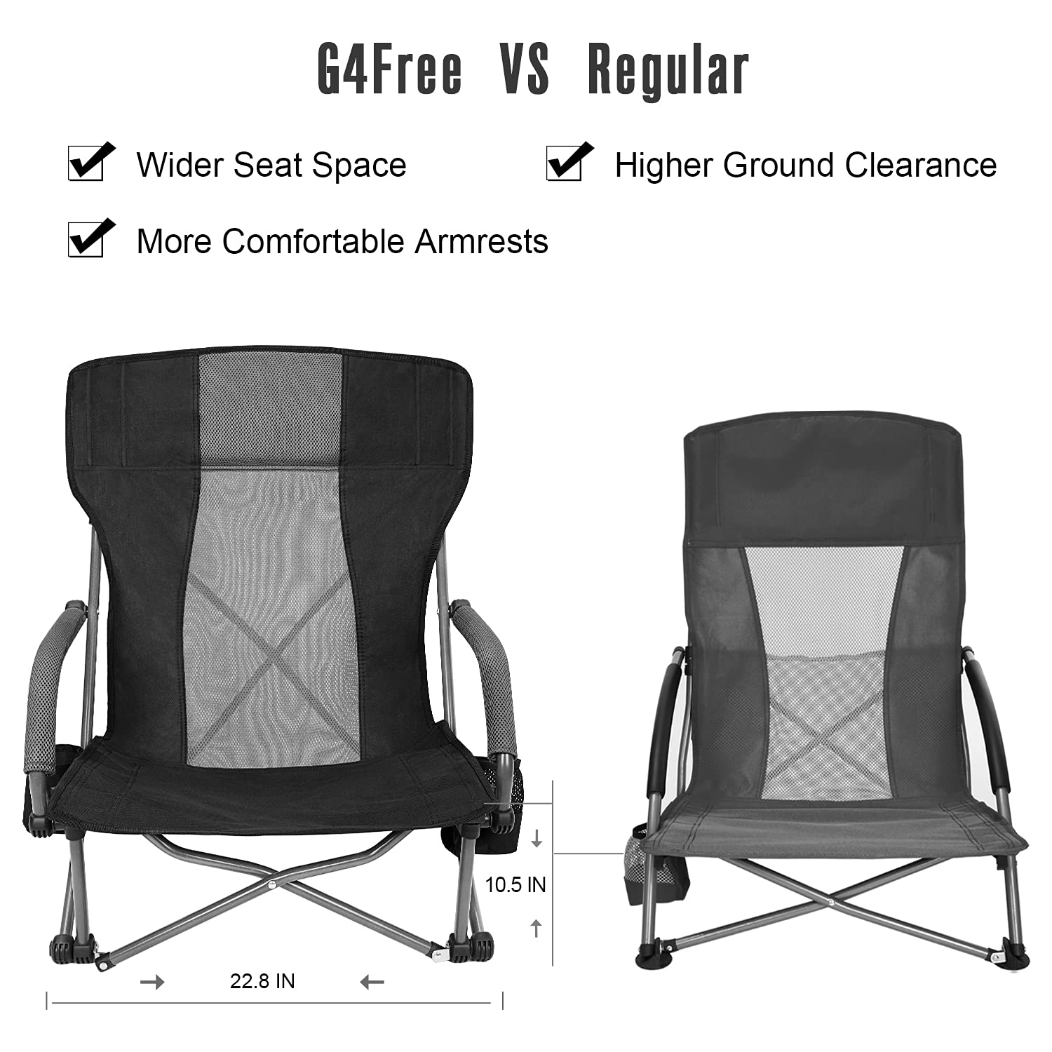 G4Free Compact Folding Beach Camping Chair with Lumbar Support - Portable Low Sling Design & Carry Bag - Perfect for Outdoor, Picnic, Travel, Concerts & Backyard Relaxation (Black)
