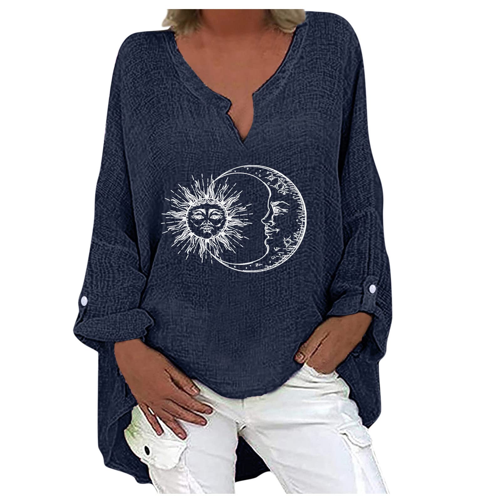 Women's Loose Fit Graphic Long Sleeve V-Neck T-Shirt - Casual Summer Tee for Sports, Workout & Everyday Wear