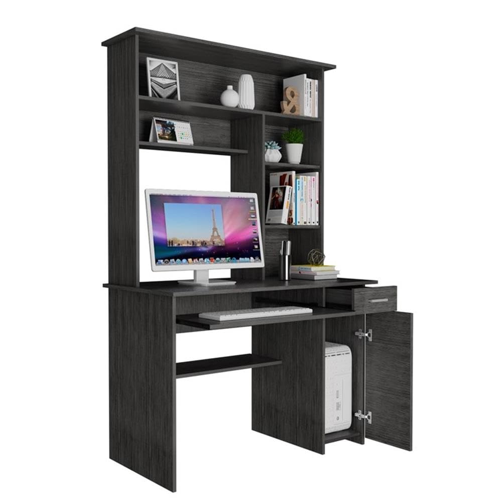 Modern Engineered Wood Desk with Hutch in Charcoal - Stylish Home Office Furniture for Small Spaces, Work from Home & Study Room Organization