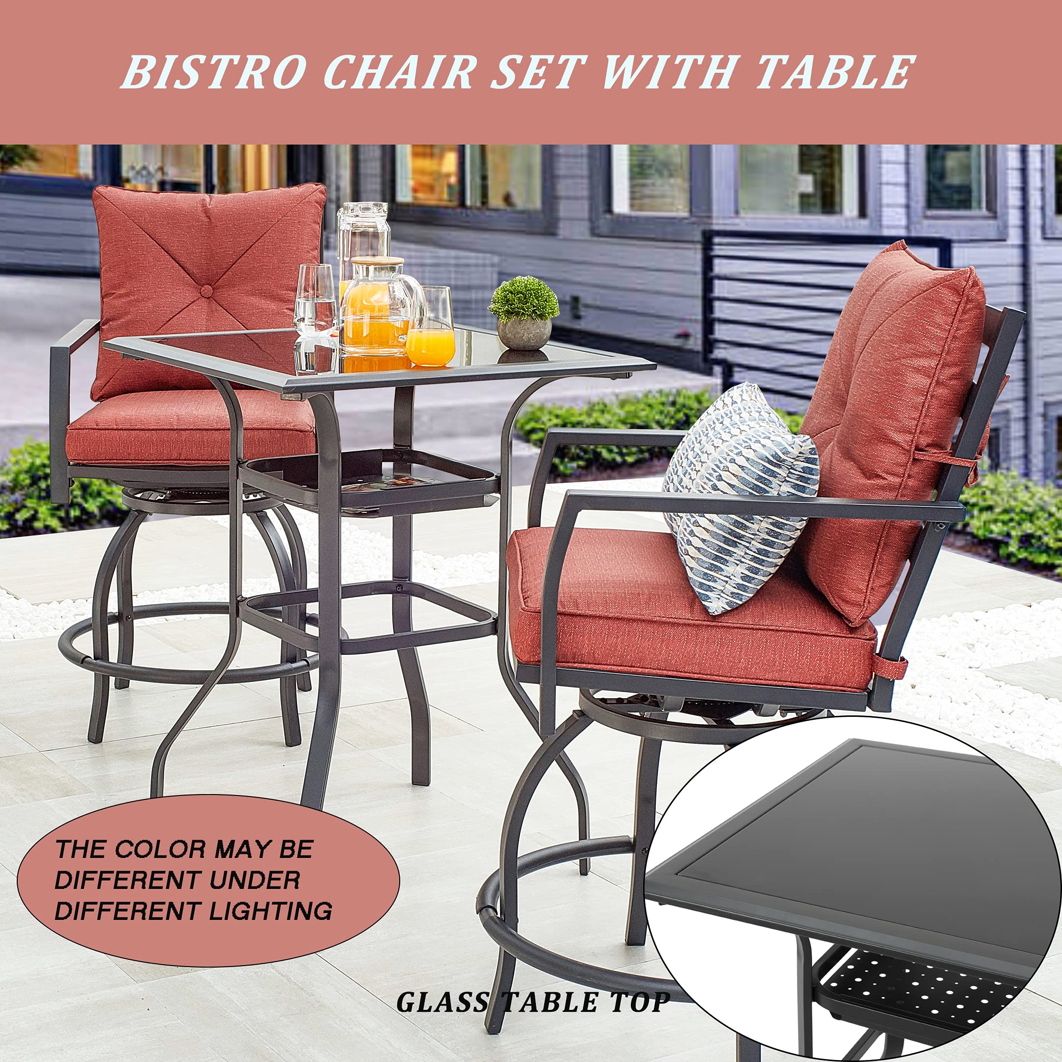 LOKATSE HOME 3-Piece Outdoor Swivel Chair Set - Patio Bar Stools with Cushions & Coffee Table - Metal Height-Adjustable Bistro Furniture (Red) - Perfect for Backyard, Garden, Poolside & Balcony Relaxation