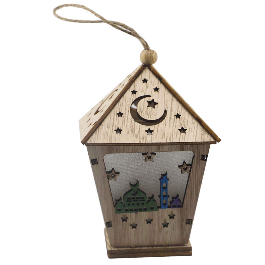 Ramadan Eid Mubarak LED Wooden Hanging Pendant - Islamic Home Decoration Lights for Ramadan, Eid al-Fitr & Muslim Holidays - Perfect for Living Room, Mosque & Festival Decor