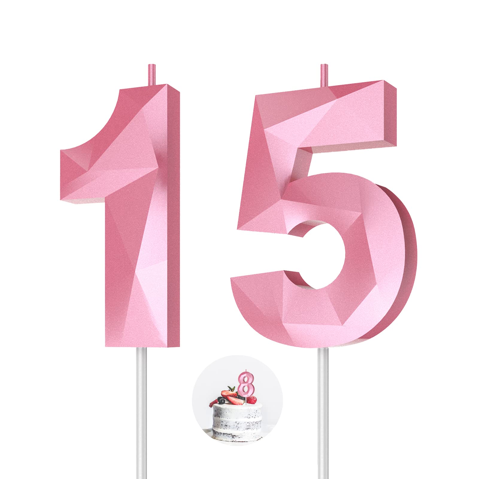 3D Diamond Shape Number Birthday Candles (15-Pack Pink) - Happy Birthday Cake Candles for Birthday Parties, Weddings, Reunions & Theme Celebrations - Perfect for Cake Decorating and Special Occasions