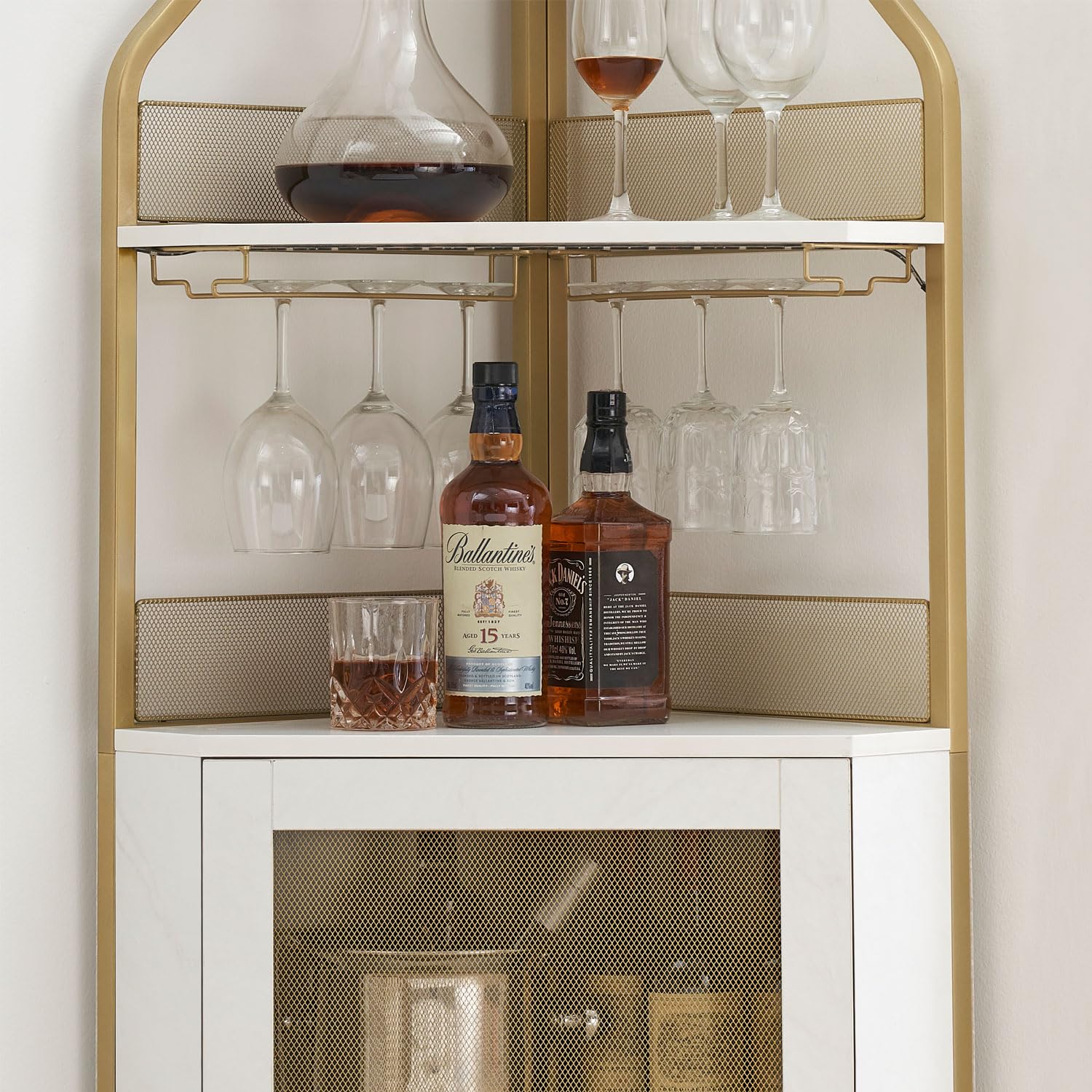Premium Corner Wine Bar Cabinet - Large Storage Space, Removable Wine Rack & Glass Holder, 4-Tier Liquor Cabinet with Mesh Door - Gold Finish | Perfect for Home Bars, Kitchen Storage & Entertaining Guests