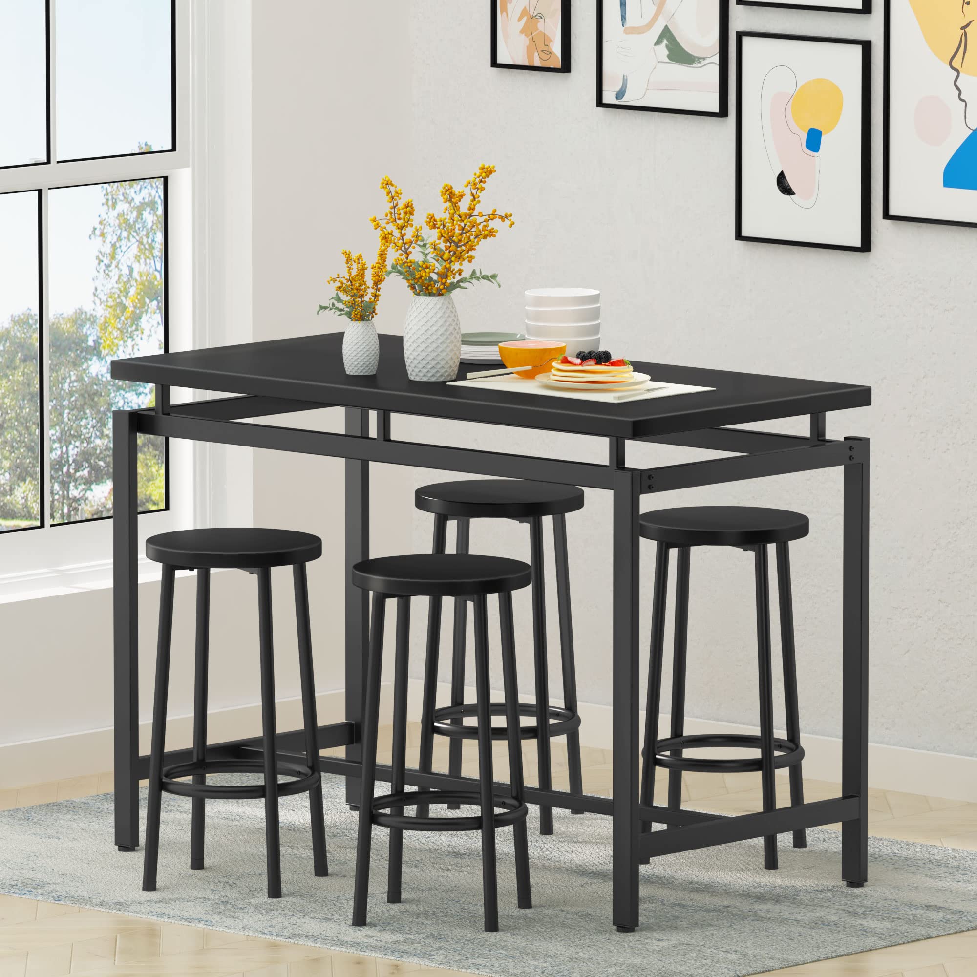 Hooseng 5-Piece Industrial Dining Table Set with 4 Stools, 35.4
