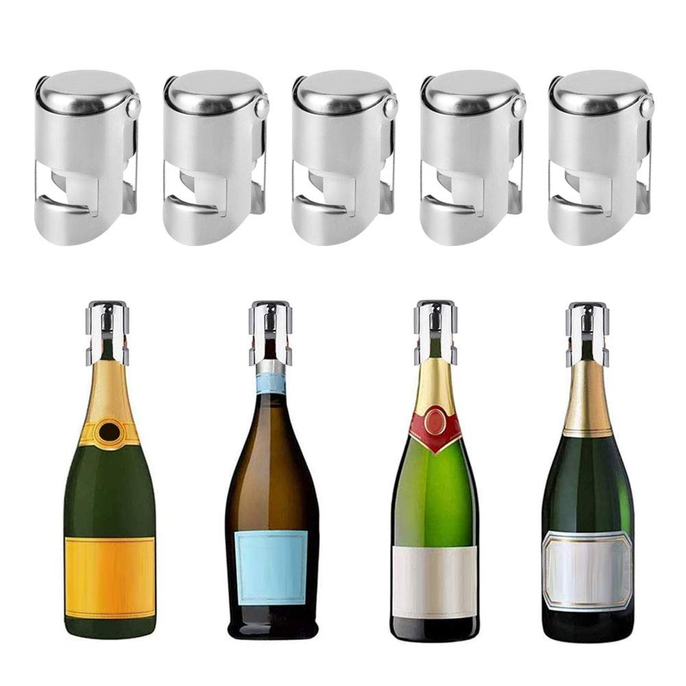5PCS Stainless Steel Champagne Stoppers & Wine Bottle Plugs - Reusable Air-Tight Seal for Sparkling Wine, Champagne, and Drinks - Perfect for Home Bars, Parties, and Gifts