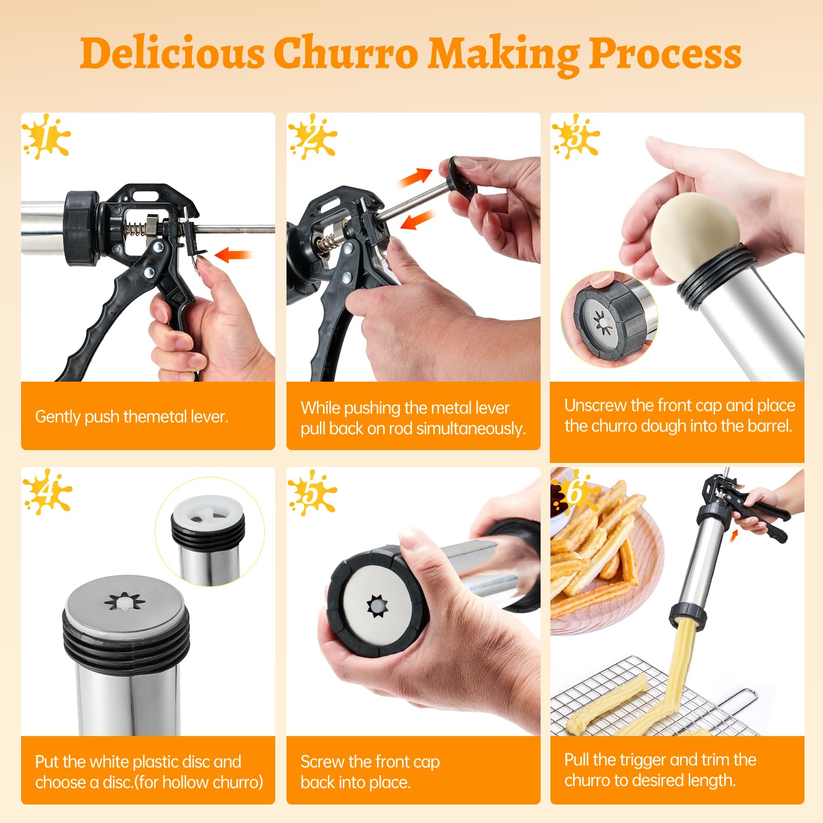 Stainless Steel Churro Maker Kit with 4 Hollow Churro Discs, 5 Cookie Discs & 6 Icing Nozzles - Includes Piping Bags, 2 Cleaning Brushes & Cookie Press for Donuts - Perfect for Home Baking, Parties & Dessert Making