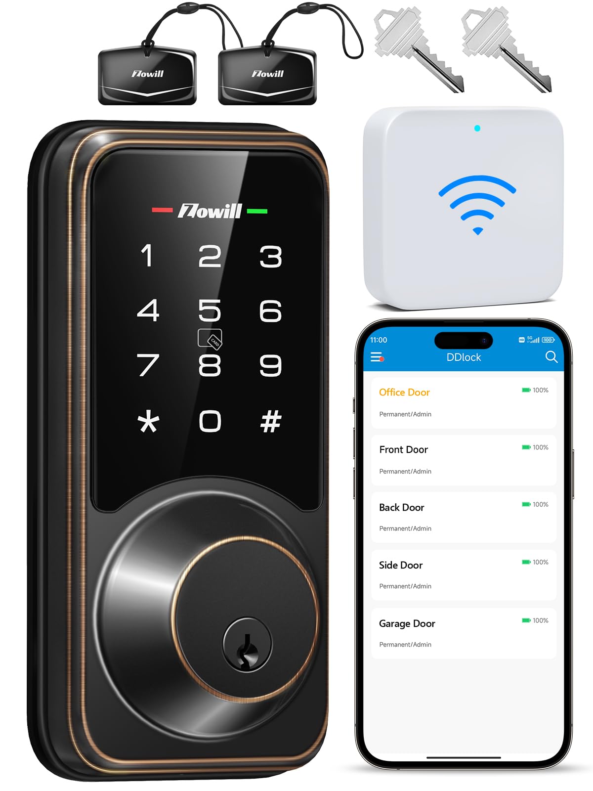 Zowill WiFi Smart Lock - Keyless Entry Door Lock with APP Control, Touchscreen Keypad, Auto-Lock Smart Deadbolt for Front Door - Home Security & Smart Home Automation (Includes G2 Gateway) - Perfect for Vacation Homes, Rentals & Smart Home Integration