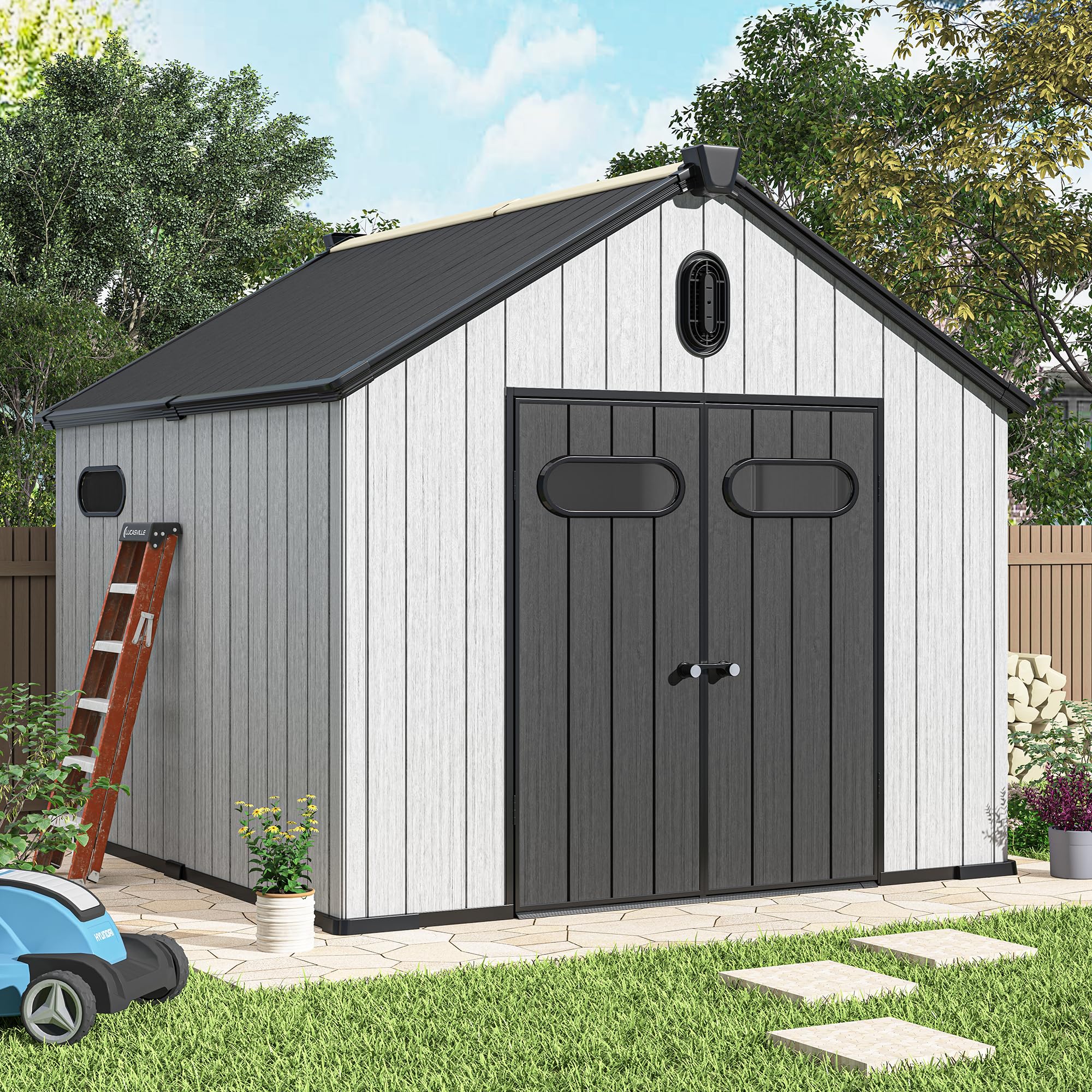 **8x10 FT Resin Outdoor Storage Shed - Weatherproof Plastic Garden Shed with Floor, Air Vents, Windows & Lockable Doors - Ideal for Backyard, Patio, Garage & Tool Storage (Grey)**    *(Perfect for Storing Lawn Equipment, Seasonal Decor, Bikes & Outdoor Gear - Durable & Secure All-Weather Solution)*